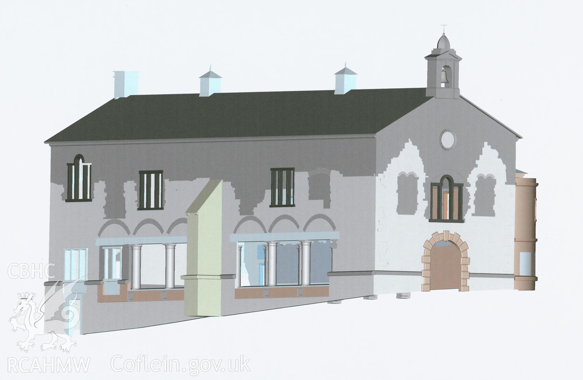 Printout of autocad phased, 3D solid model, produced from the autocad file DCH12 and showing all surviving phases of constuction in three-quarter view, from a detailed digital building survey of Denbigh Town Hall, carried out by Susan Fielding, 04/08/2005 to 21/09/2005, as part of the Denbigh Town Heritage Initiative.