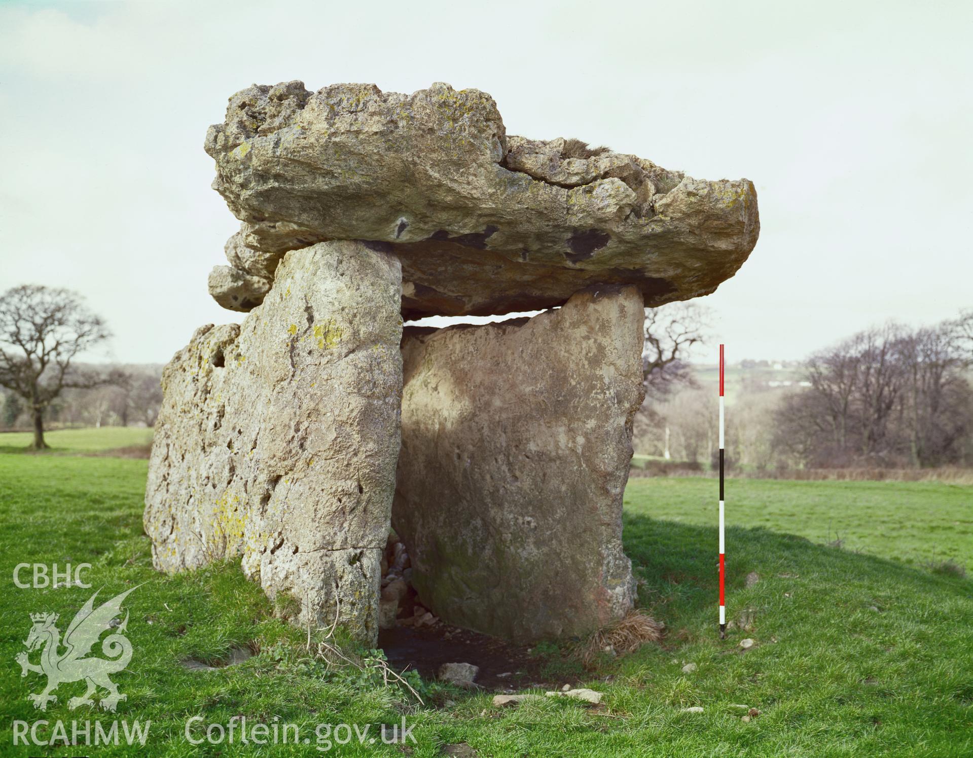 Colour transparency showing a view of St Lythan's Chambered Tomb, produced by RCAHMW, c.1980