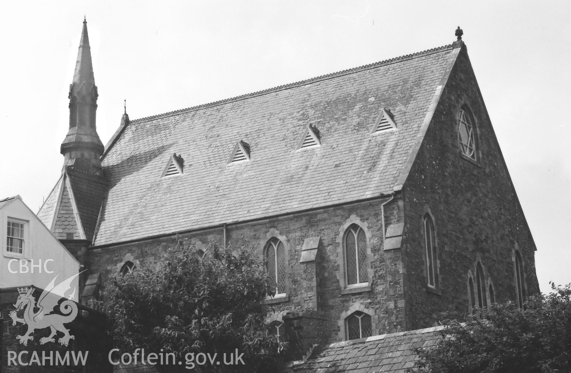 Digital copy of a black and white photograph showing an exterior view of Tabernacle Welsh Calvinistic Methodist Chapel, St David's,  taken by Robert Scourfield, 1995.