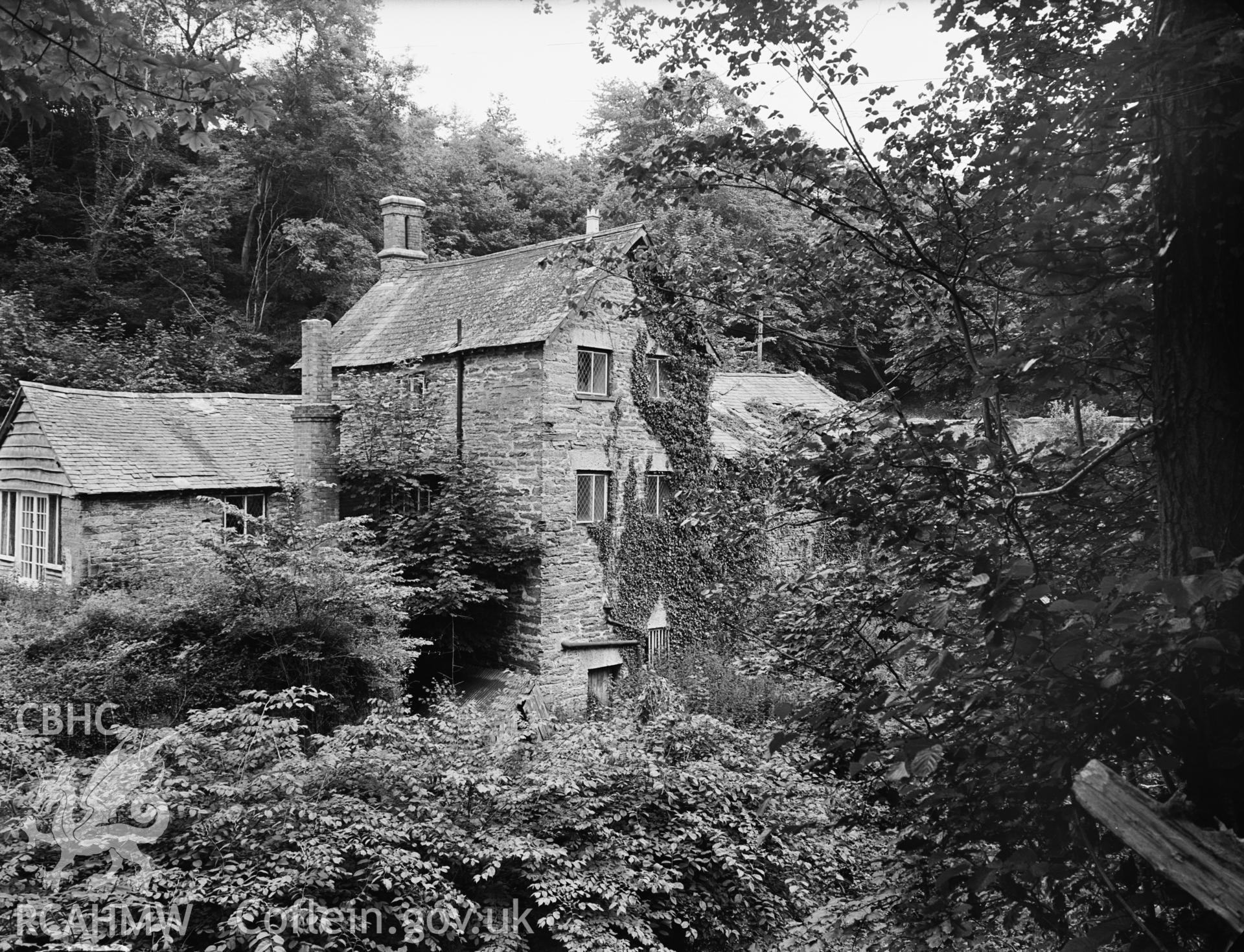 Black and white photograph showing Bont Uchel Saw Mills, Denbighshire. Undated