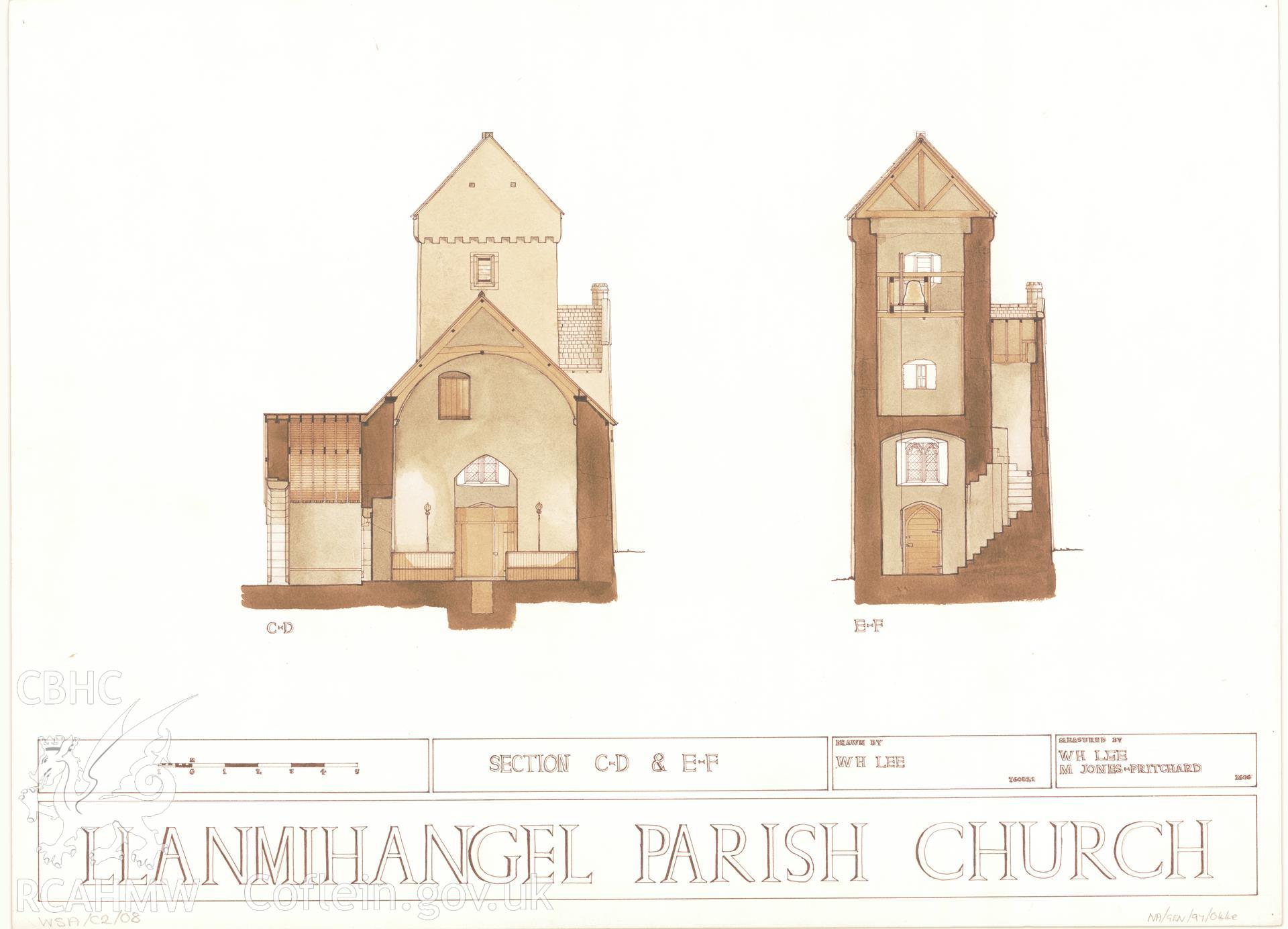 Measured drawing showing section views of Llanmihangel Parish Church, produced by M. Jones-Pritchard and W.H. Lee, 1976.