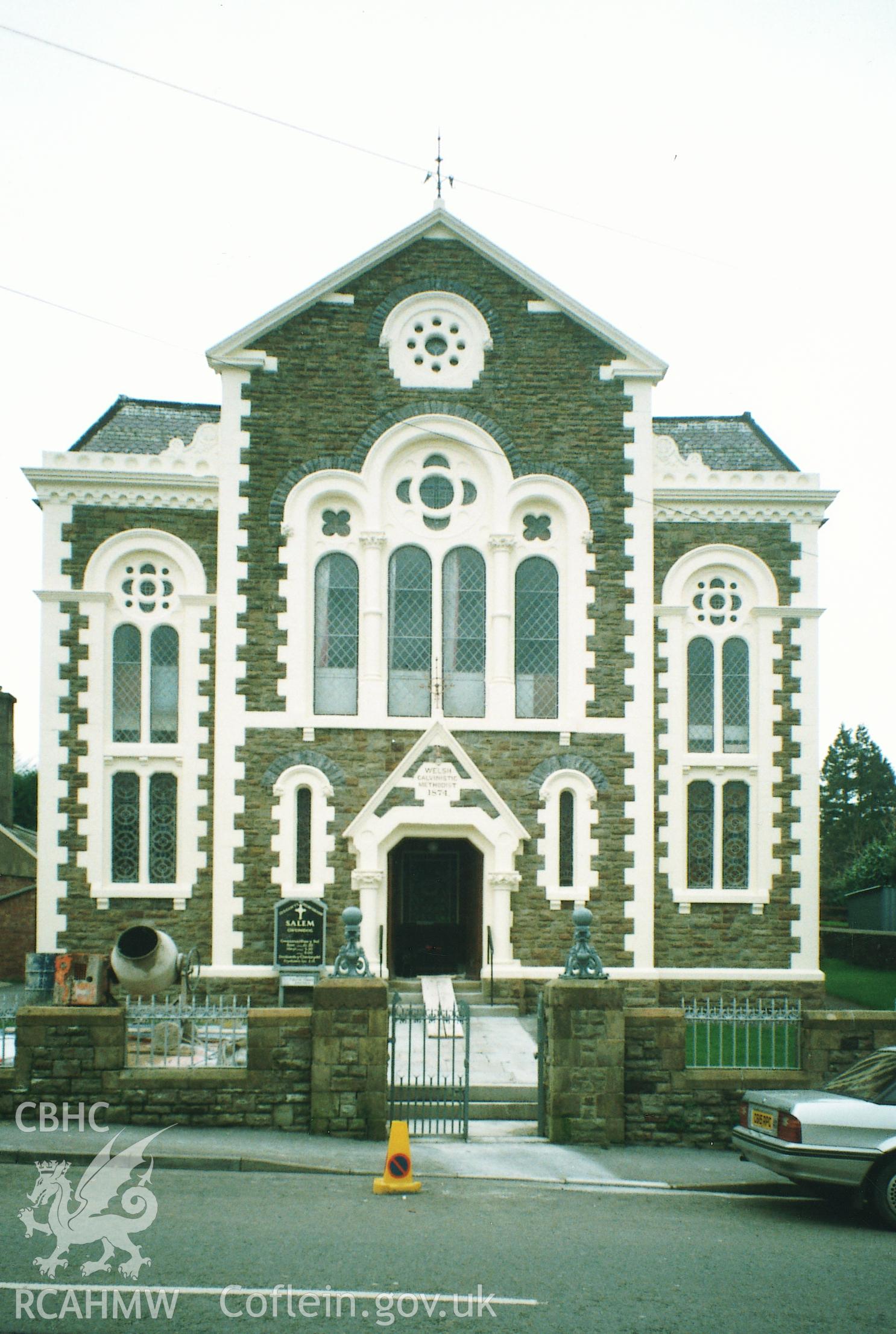 Digital copy of a colour photograph showing an exterior view of Salem Calvinistic Methodist Chapel, Llandeilo taken by Robert Scourfield, 1995.