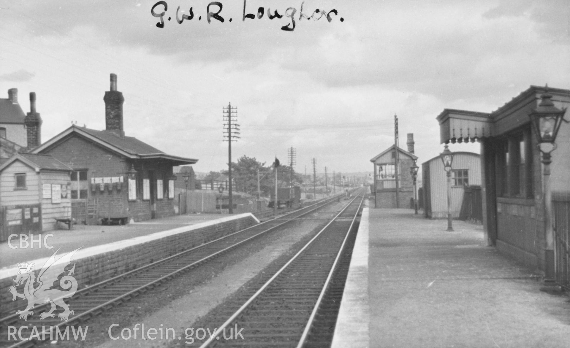 Black and white postcard showing general view of Loughor Railway Station, from the Rokeby Collection Album Vol VI pt3 105a.
