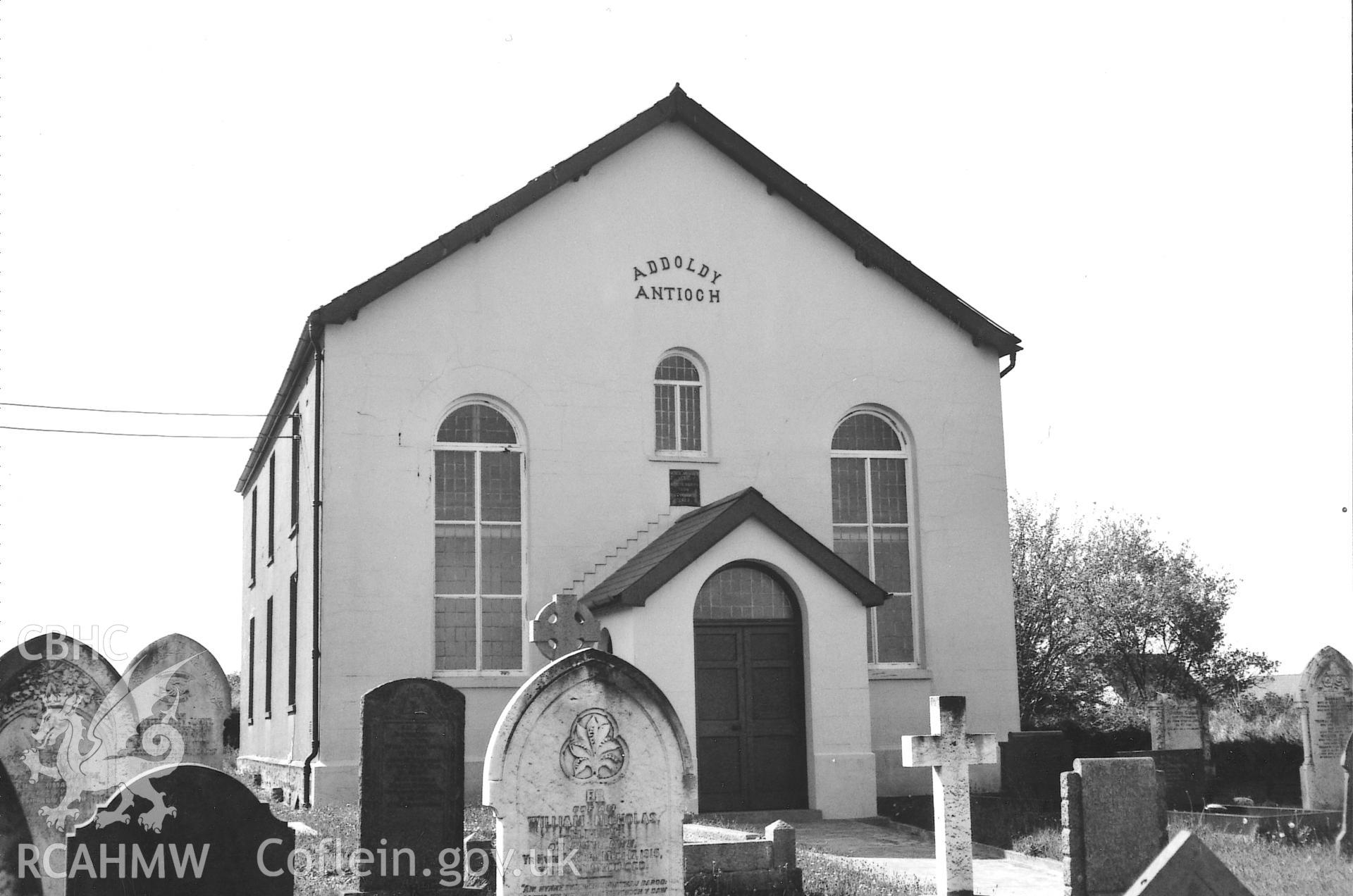 Digital copy of a black and white photograph showing a general view of Antioch Welsh Independent Chapel, Crymych, taken by Robert Scourfield, 1995.