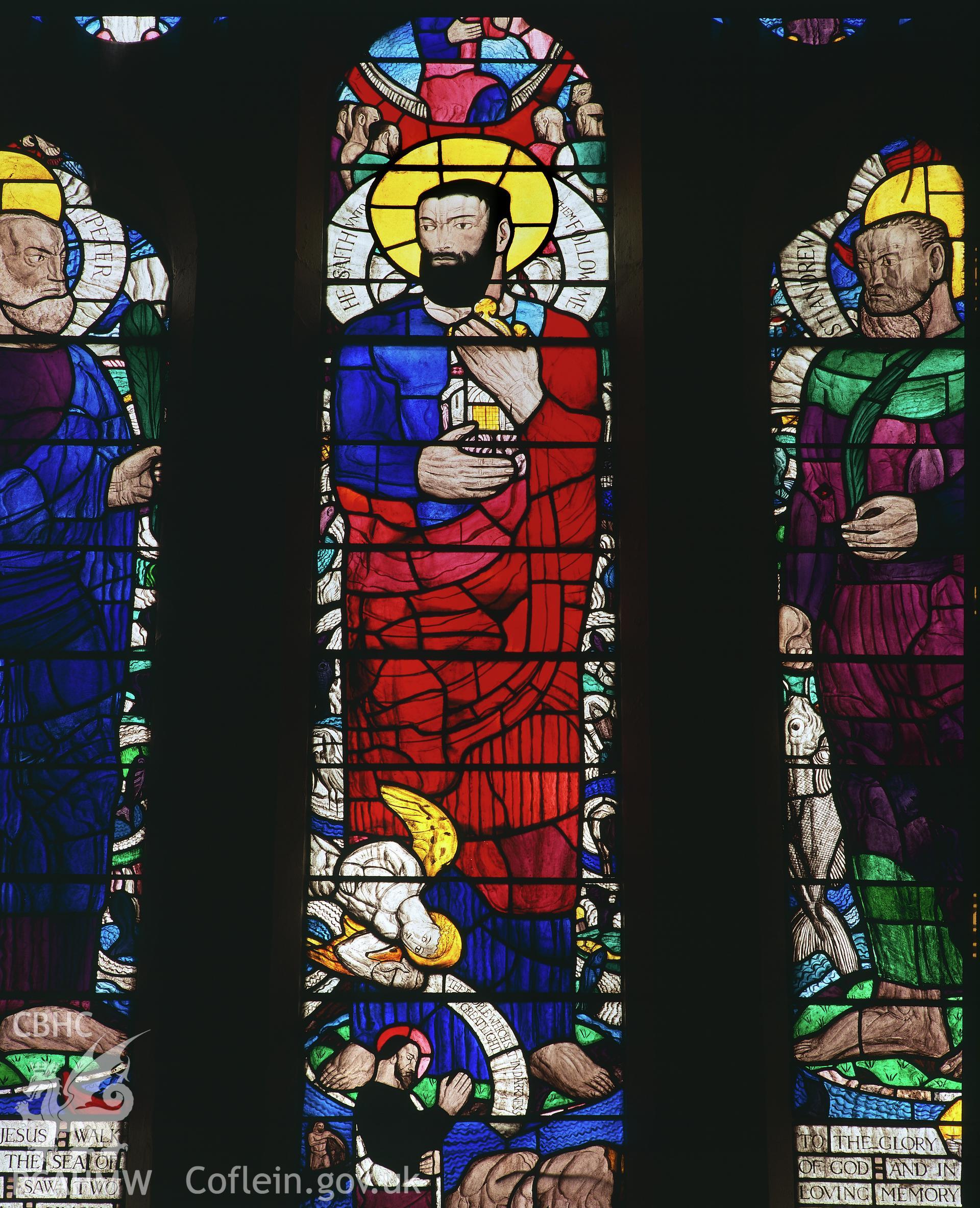 RCAHMW colour transparency showing view of  stained glass window at St Peter's Church, Lampeter