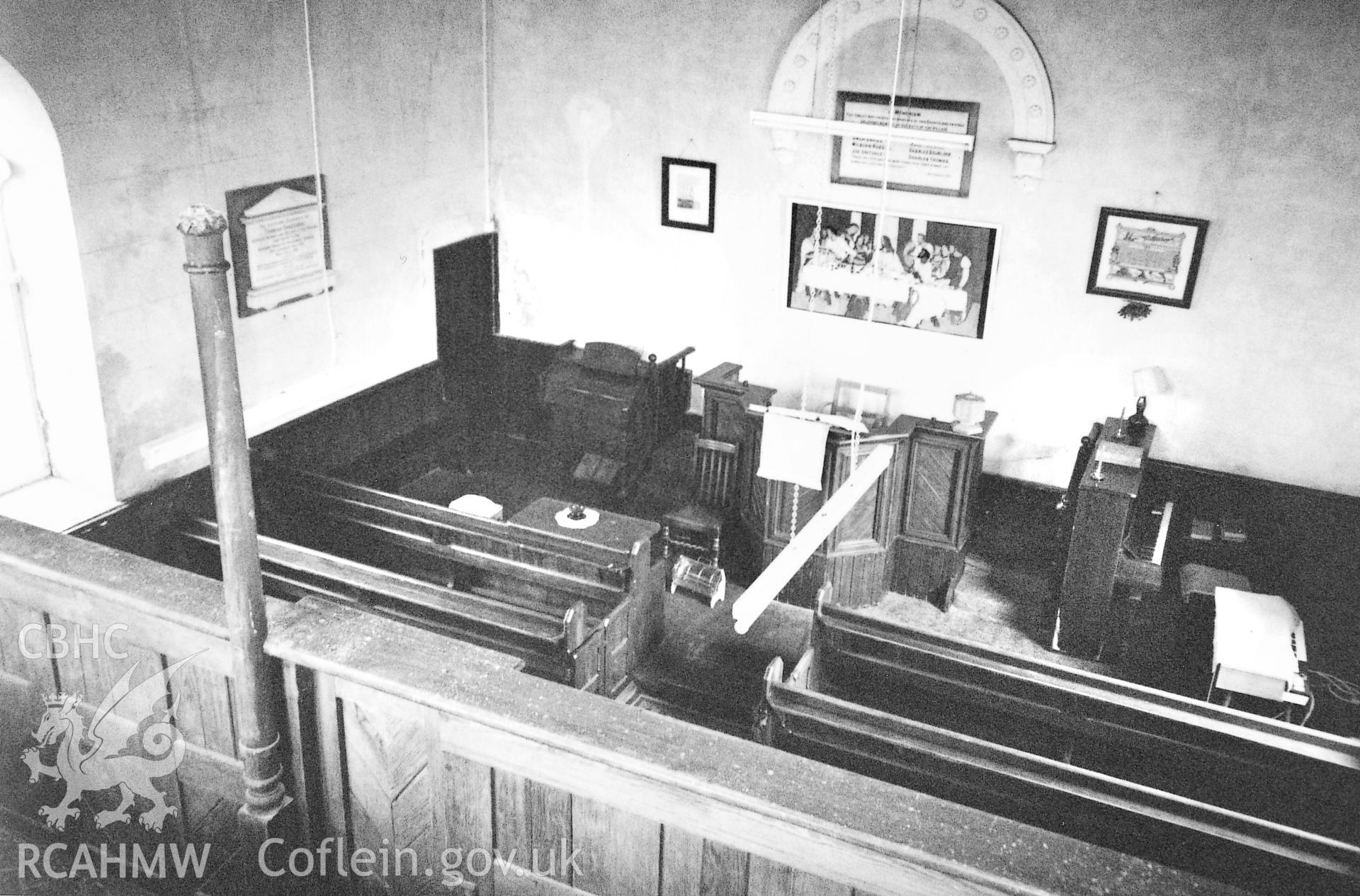 Digital copy of a black and white photograph showing an interior view of Tabernacle Independent Chapel, Rosemarket, taken by Robert Scourfield, 1995.