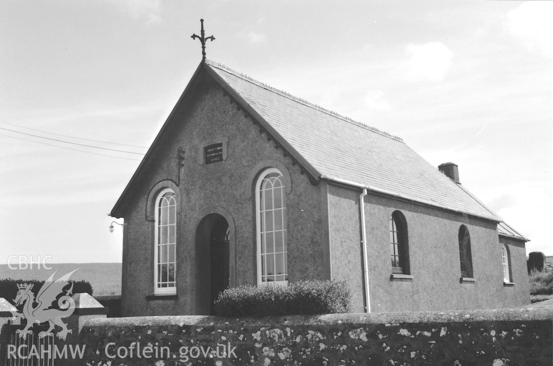 Digital copy of a black and white photograph showing an exterior view of Treffynnon Calvinistic Methodist Chapel, Brawdy, taken by Robert Scourfield, 1995.