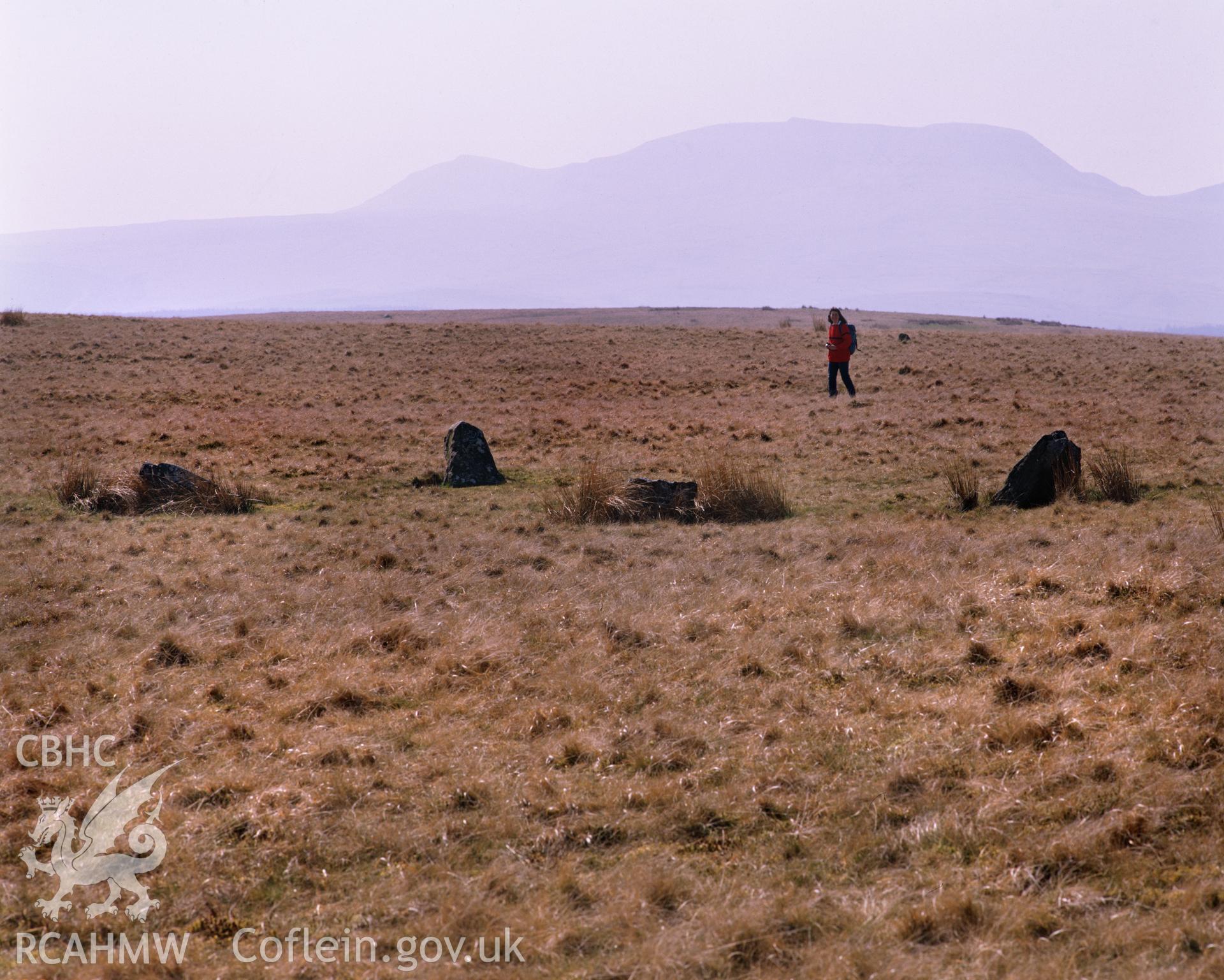 Colour transparency showing a view of stone circles on Trecastle Mountain, produced by Iain Wright, c.1981