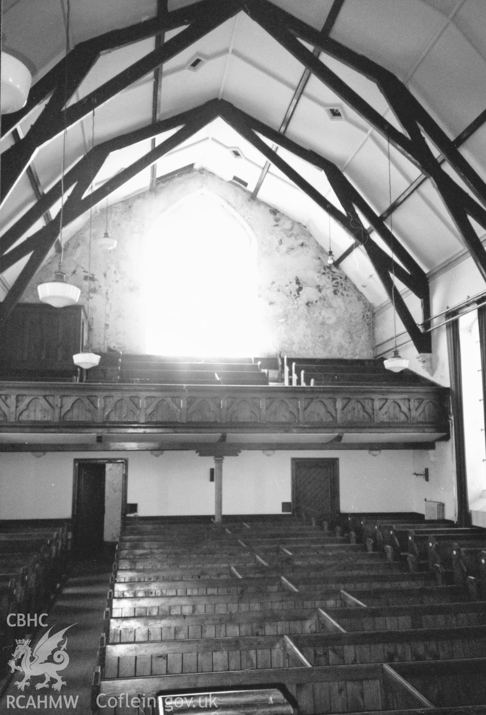 Digital copy of a black and white photograph showing an interior view of Jubilee Congregational Chapel, Neyland,  taken by Robert Scourfield, 1996.