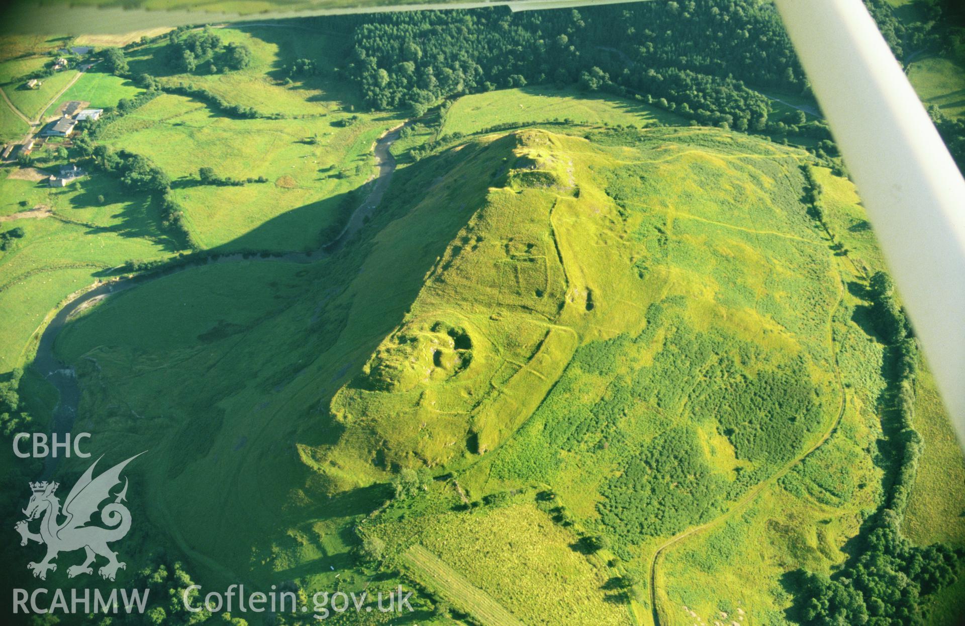 RCAHMW colour slide oblique aerial photograph of Cefnllys Castle, Penybont, taken by CR Musson on 02/08/88.
