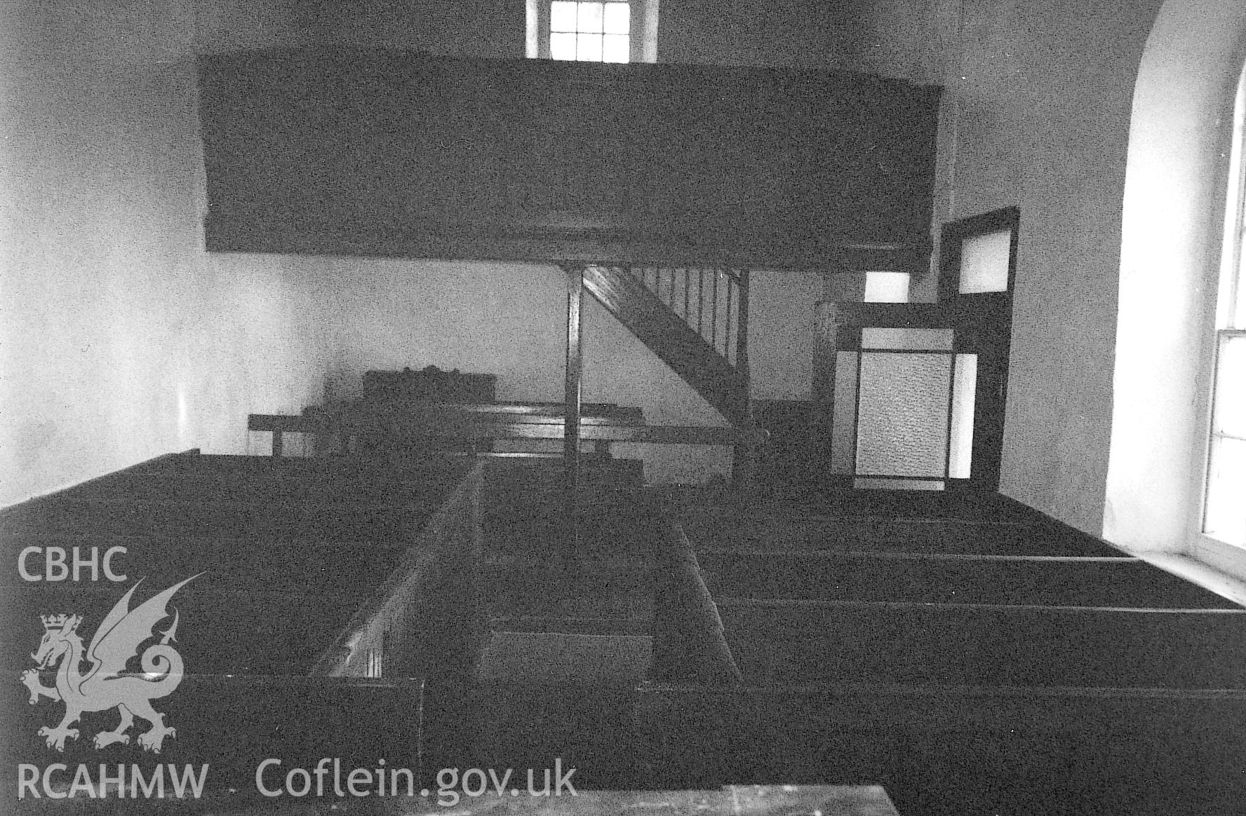 Digital copy of a black and white photograph showing an interior view of Dreen Hill  Calvinistic Methodist Chapel, Steynton, taken by Robert Scourfield, 1995.