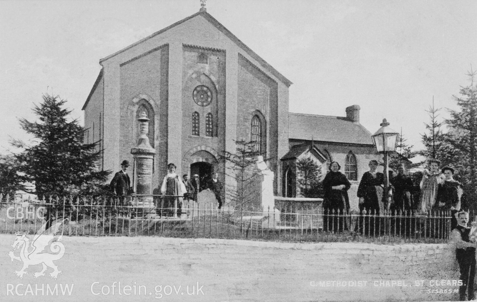 Copy of b/w postcard of the Charles or Balk Window, Trinity Chapel, St. Clears. Copied from original loaned by Thomas Lloyd. Copy negative held.
