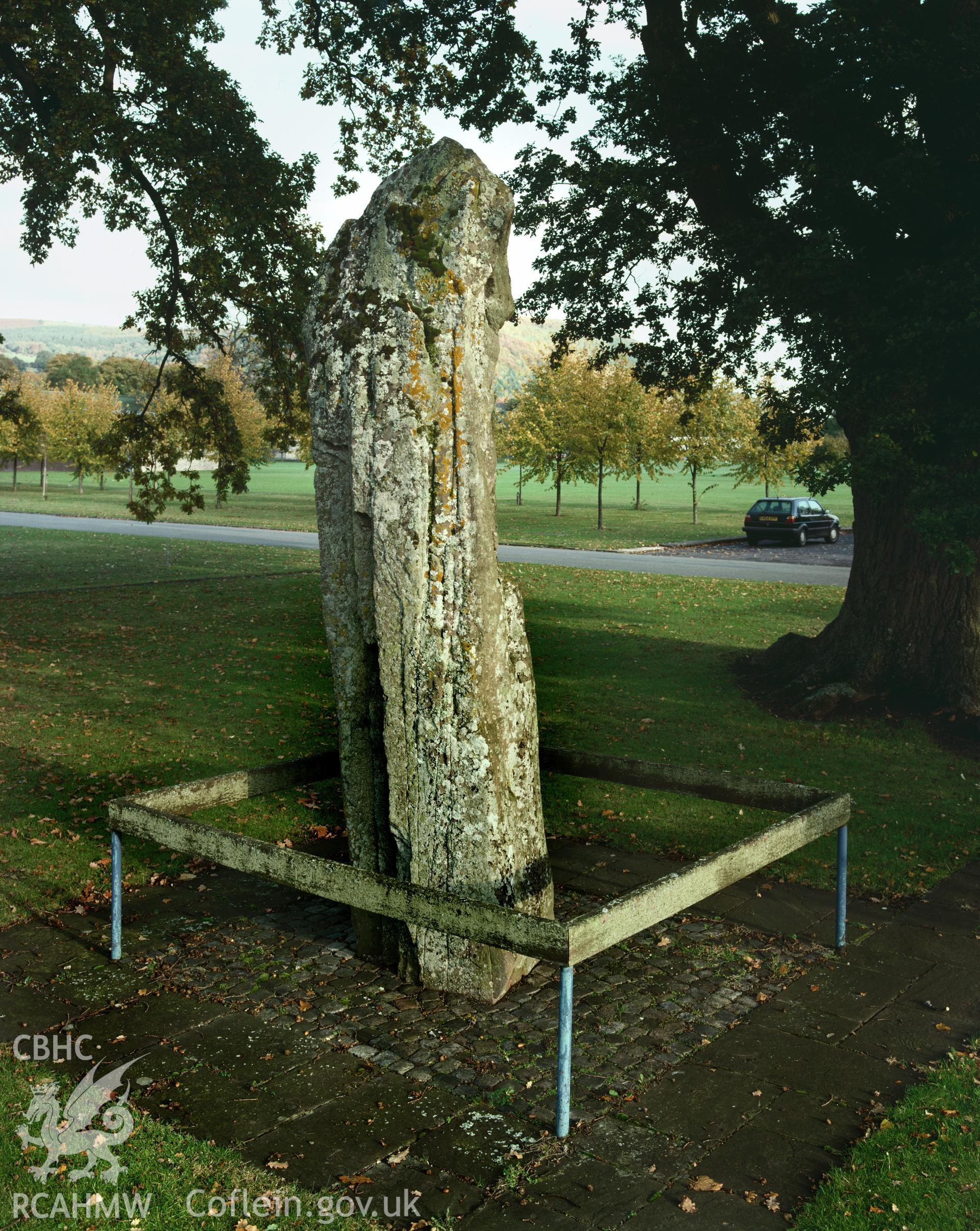 Colour transparency showing a view of Cwrt y Gollen standing stone, produced by Iain Wright, c.1981