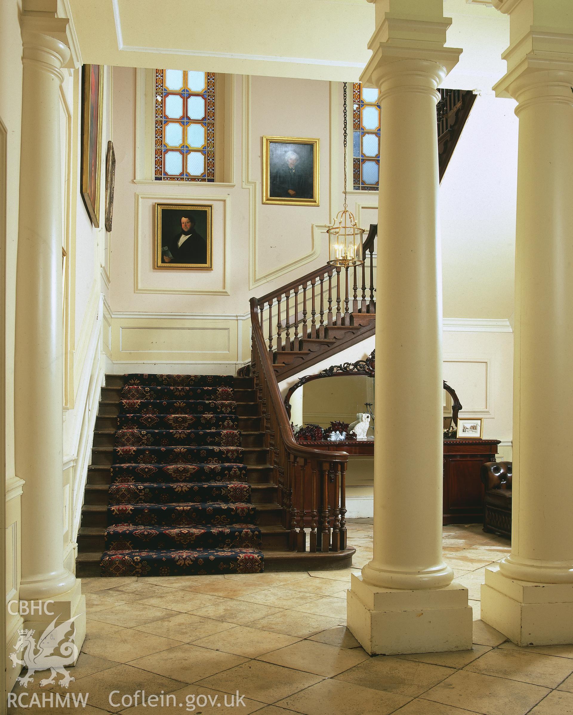 RCAHMW colour transparency showing interior view of the hall and stairs at Nanteos.
