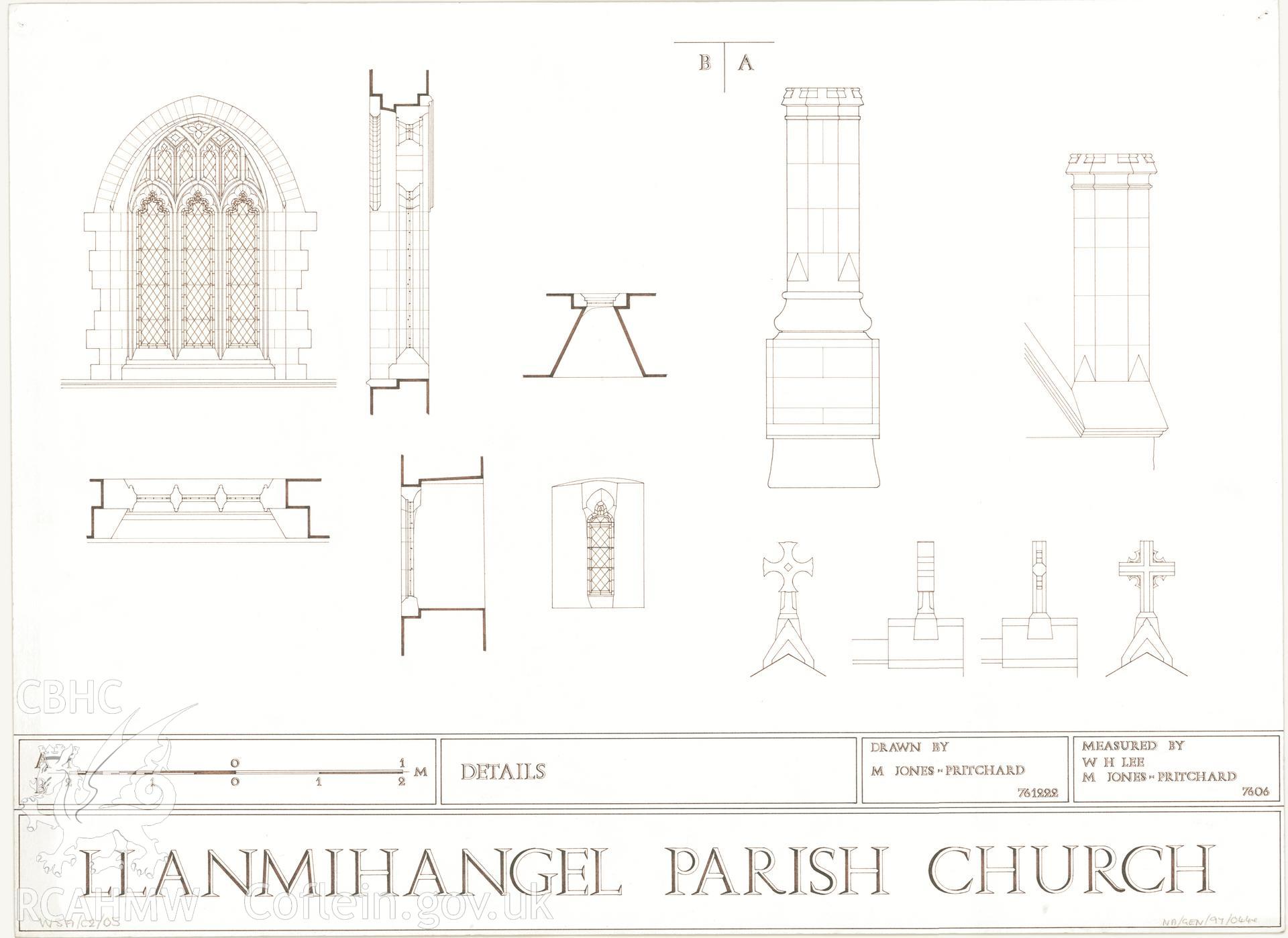 Measured drawing showing various detail at Llanmihangel Parish Church, produced by M. Jones-Pritchard and W.H. Lee, 1976.