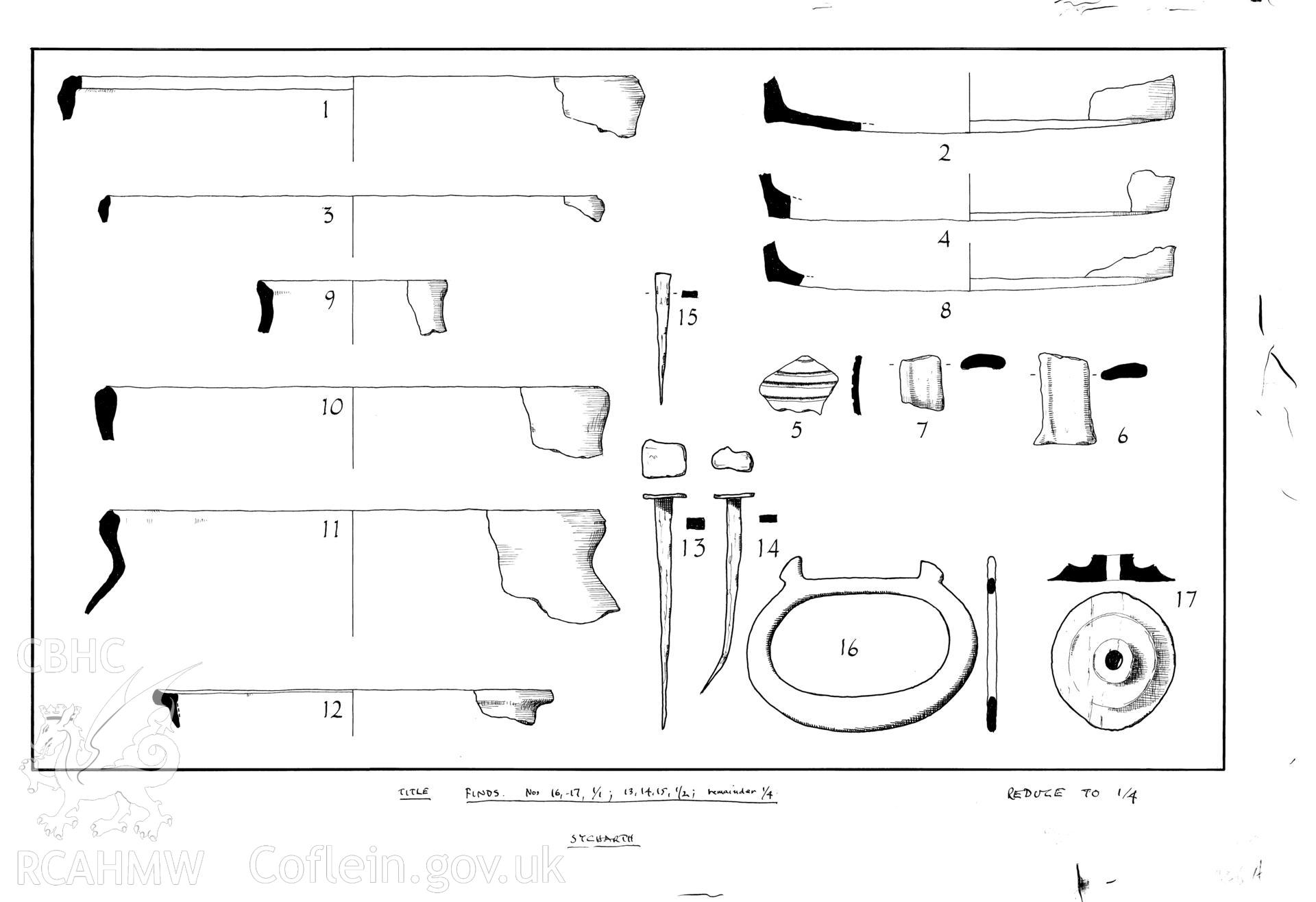 Sycharth Castle, Llansilin; ink drawing by Douglas Hague showing finds discovered during excavations of 1962-63 and published in Archaeologia Cambrensis Vol CXV, 1966, fig 6.