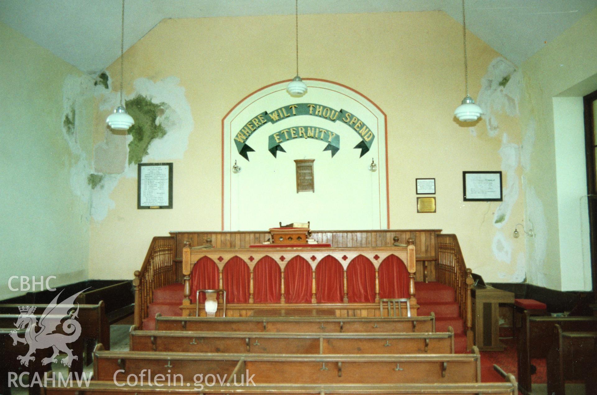 Digital copy of a colour photograph showing an interior view of Zoar Independent Chapel, Carew Newton, taken by Robert Scourfield, 1996.