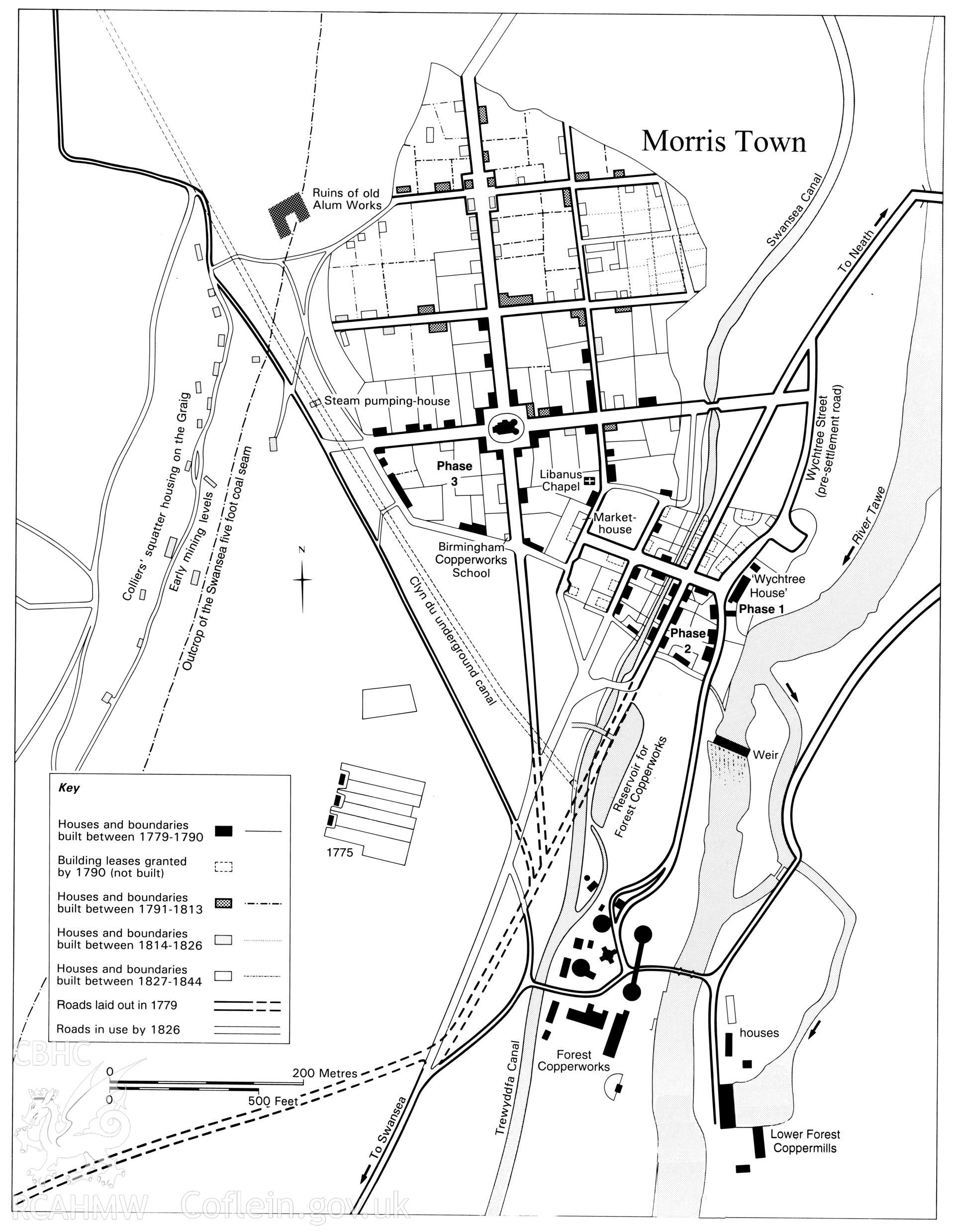 Drawn phased plan of Morriston planned town, produced for RCAHMW publication "Copperopolis", p.199, fig. 222. Original not yet deposited with NMRW.