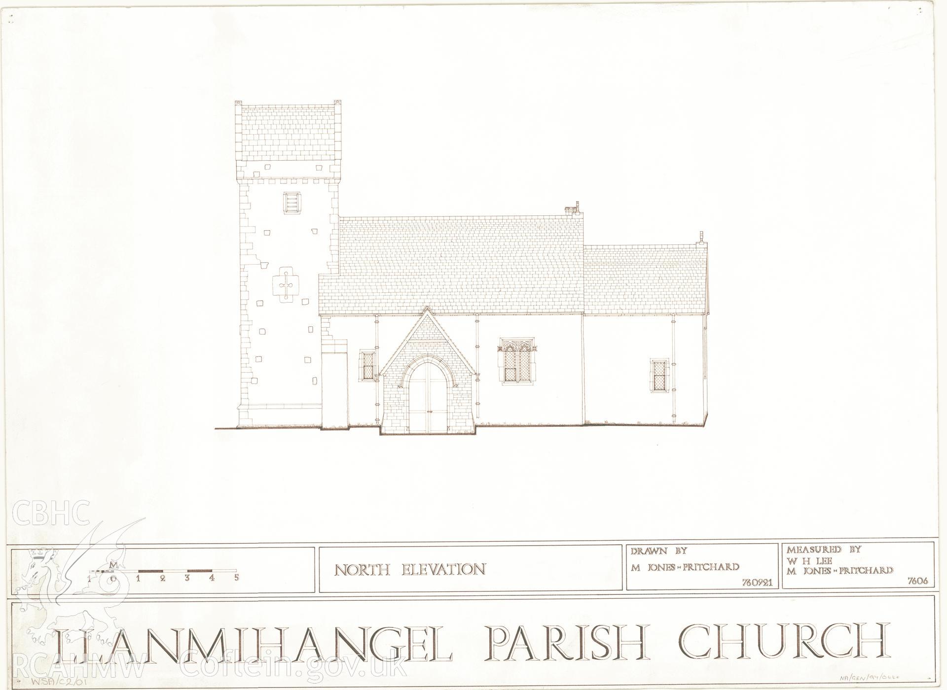 Measured drawing showing north elevation of Llanmihangel Parish Church, produced by M. Jones-Pritchard and W.H. Lee, 1976.