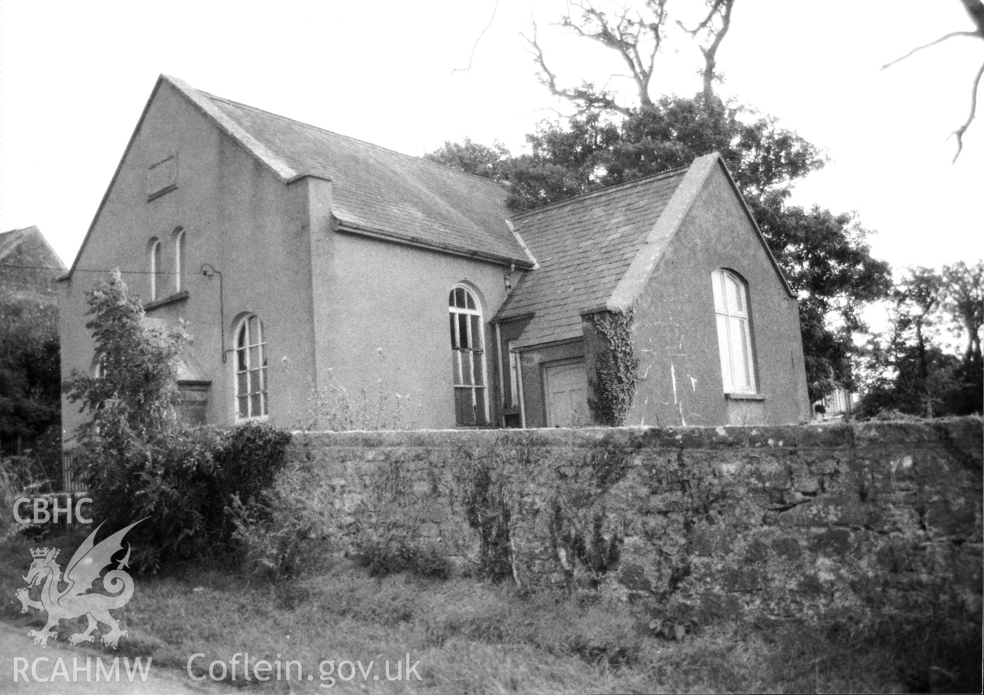 Digital copy of a black and white photograph showing an exterior view of Zoar Congregational Chapel, Carew Newton, taken by Robert Scourfield, 1995.
