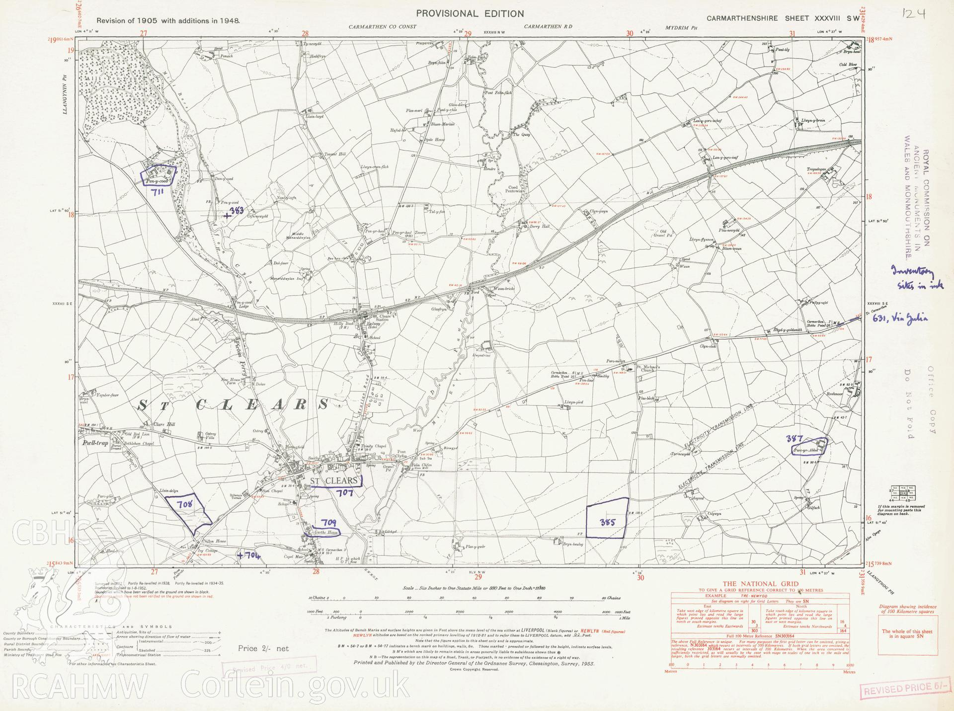 Digital copy of an Ordnance Survey part Provisional Edition of 1905 with additions in 1948, of St Clears area
