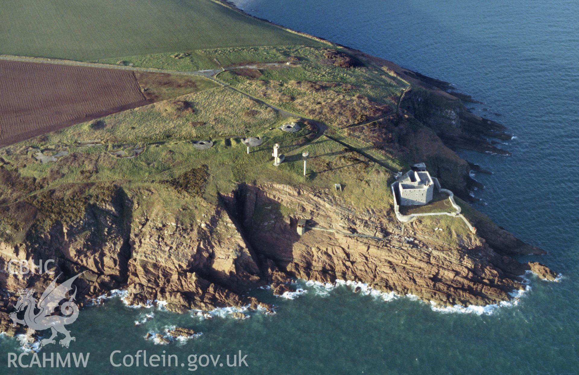 RCAHMW colour slide oblique aerial photograph of West Blockhouse Fort, Dale, taken by C.R. Musson on the 27/02/1996