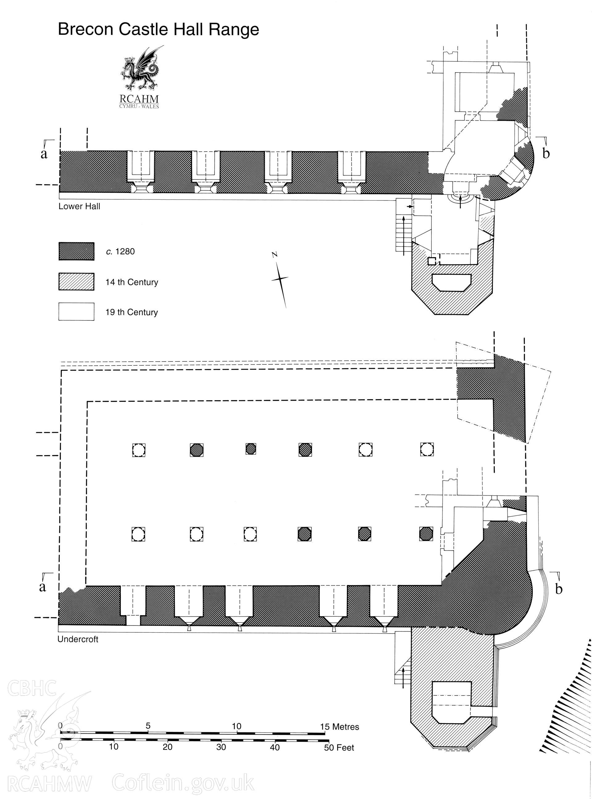 Measured plan of the hall range at Brecon Castle showing building development, produced by RCAHMW