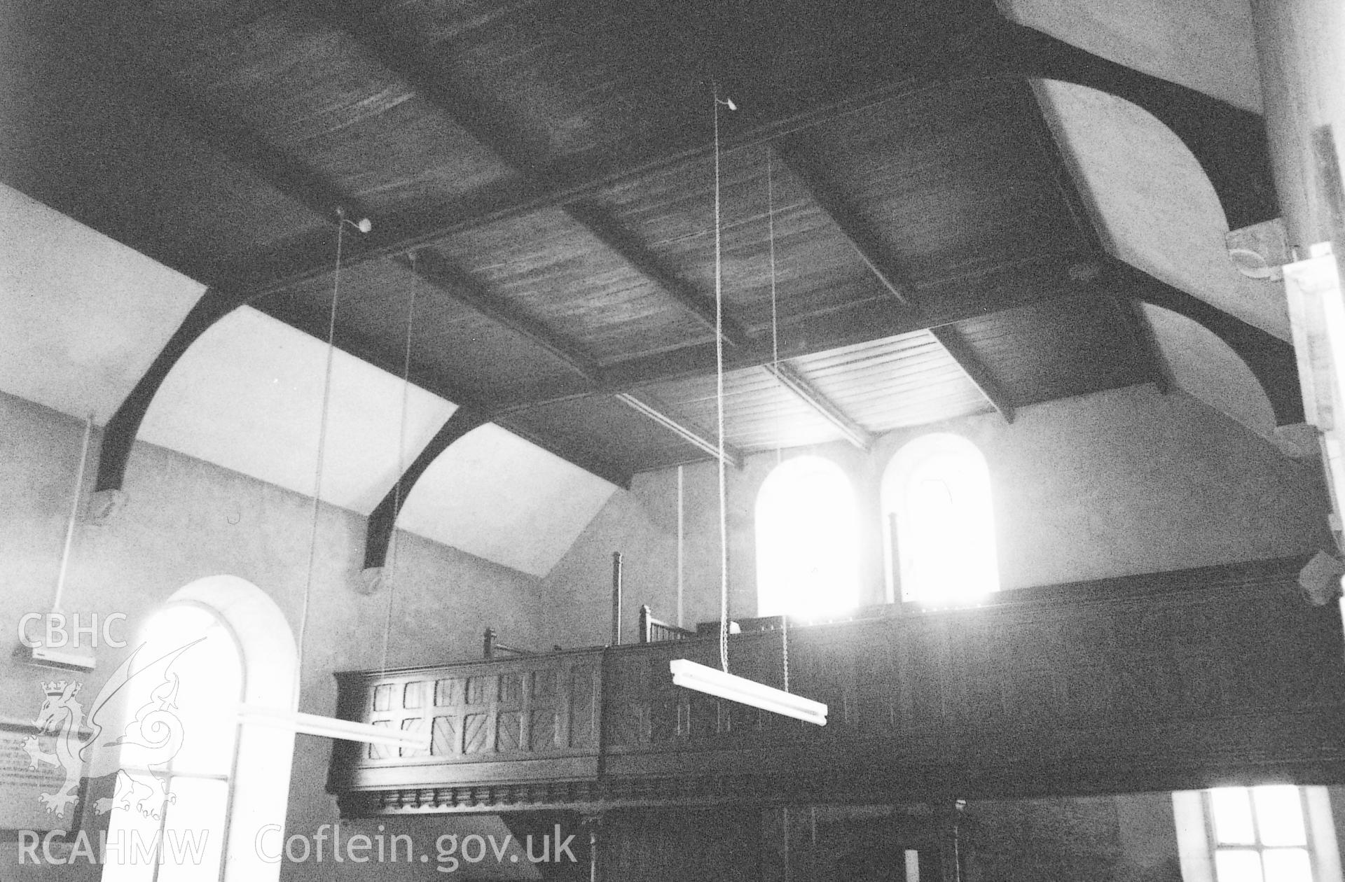 Digital copy of a black and white photograph showing an interior view of Tabernacle Independent Chapel, Rosemarket, taken by Robert Scourfield, 1995.