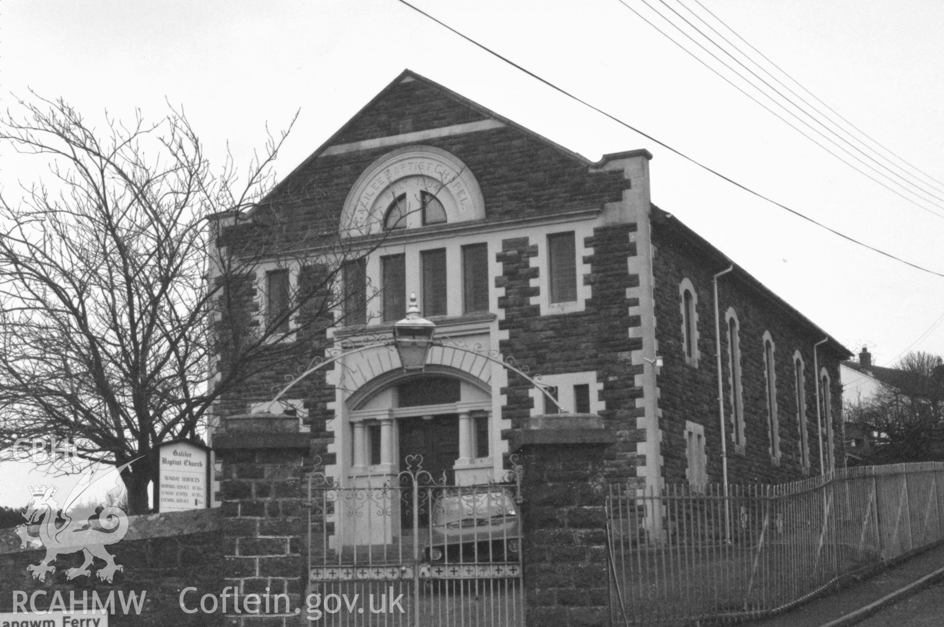 Digital copy of a black and white photograph showing exterior view of Galilee Baptist Chapel, Llangwm, taken by Robert Scourfield, 1996.