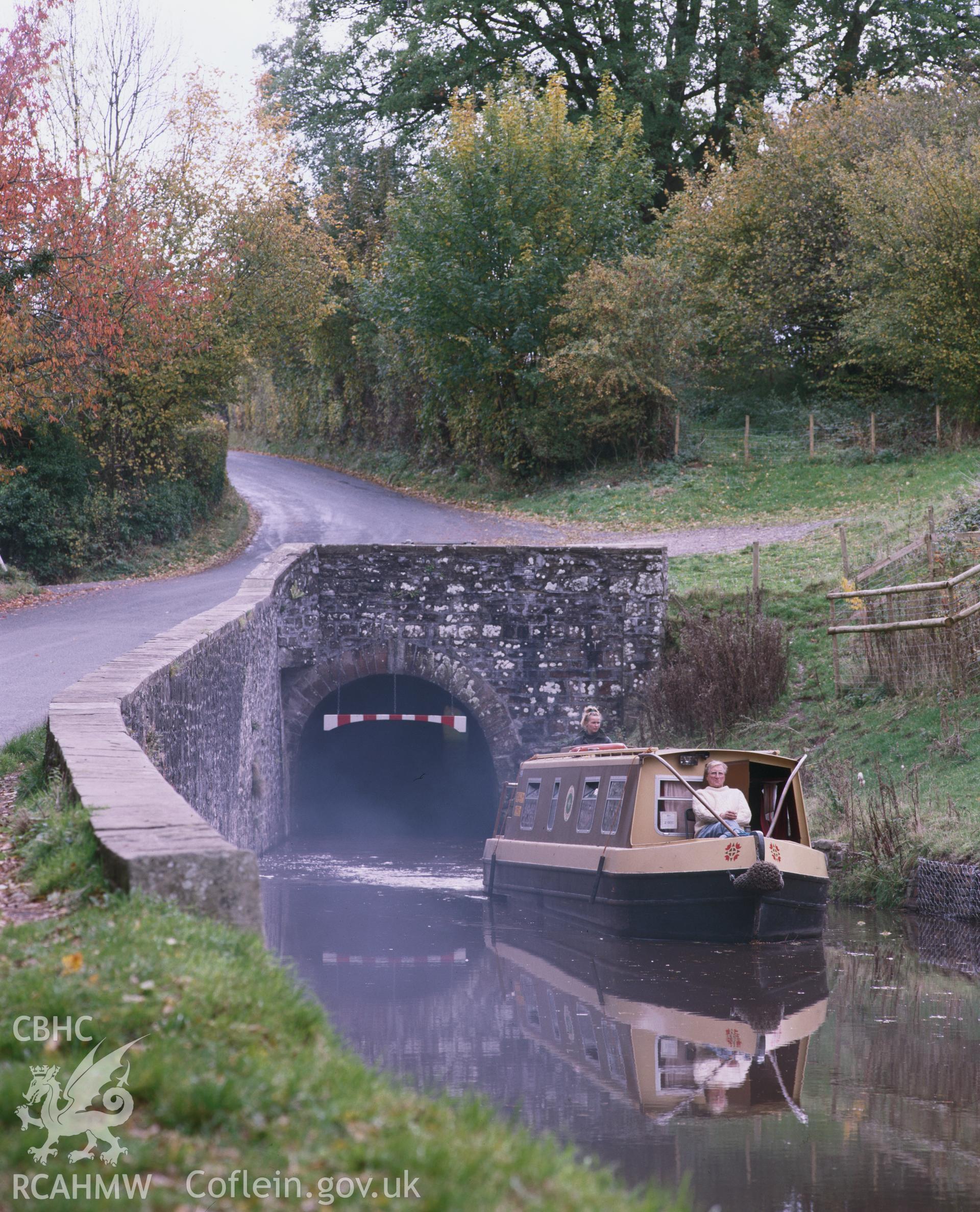 RCAHMW colour transparency showing view of a boat emerging from the Ashford Tunnel, Brecon and Monmouth Canal.