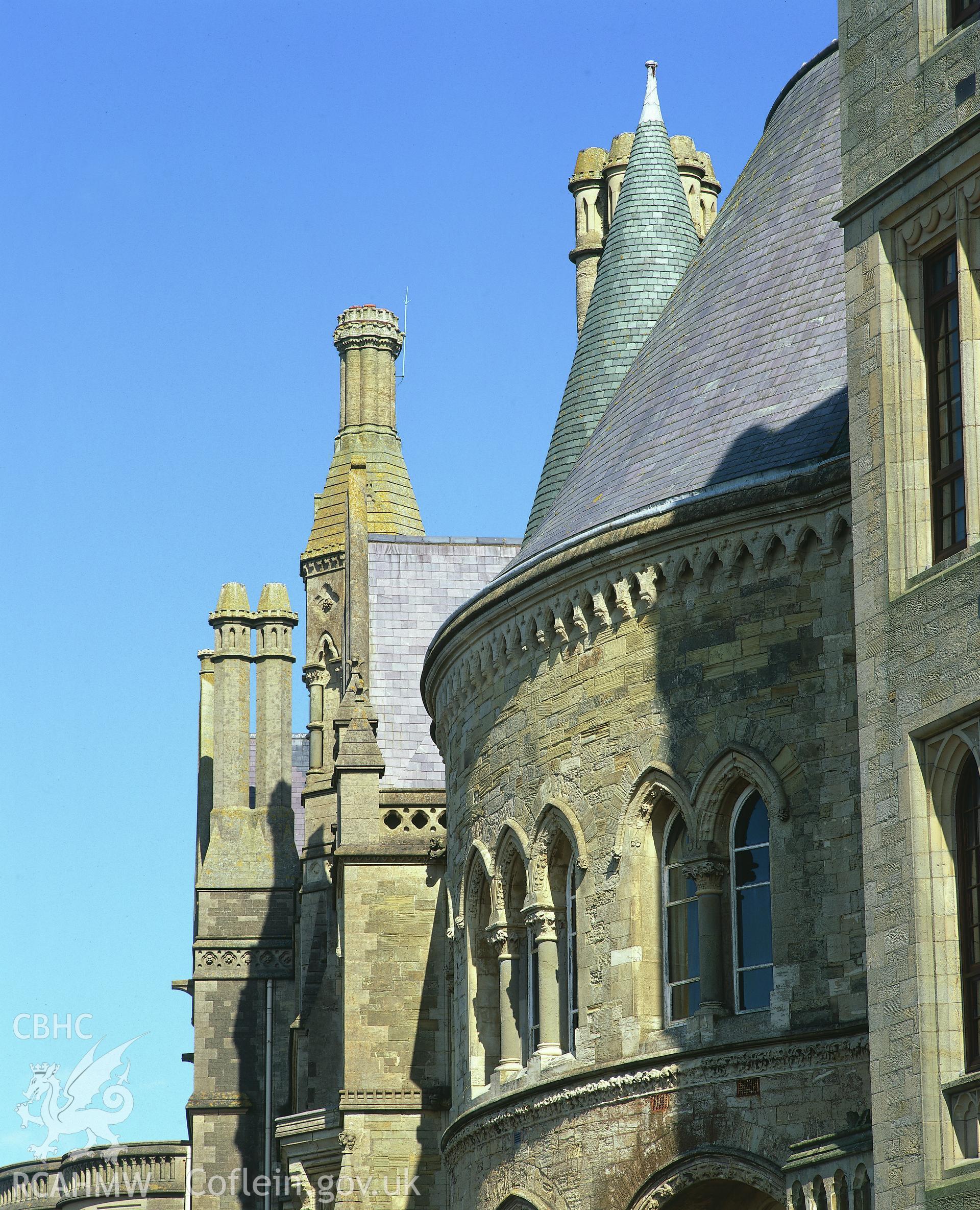 RCAHMW colour transparency showing detail of the north-west facade of Old College, Aberystwyth.