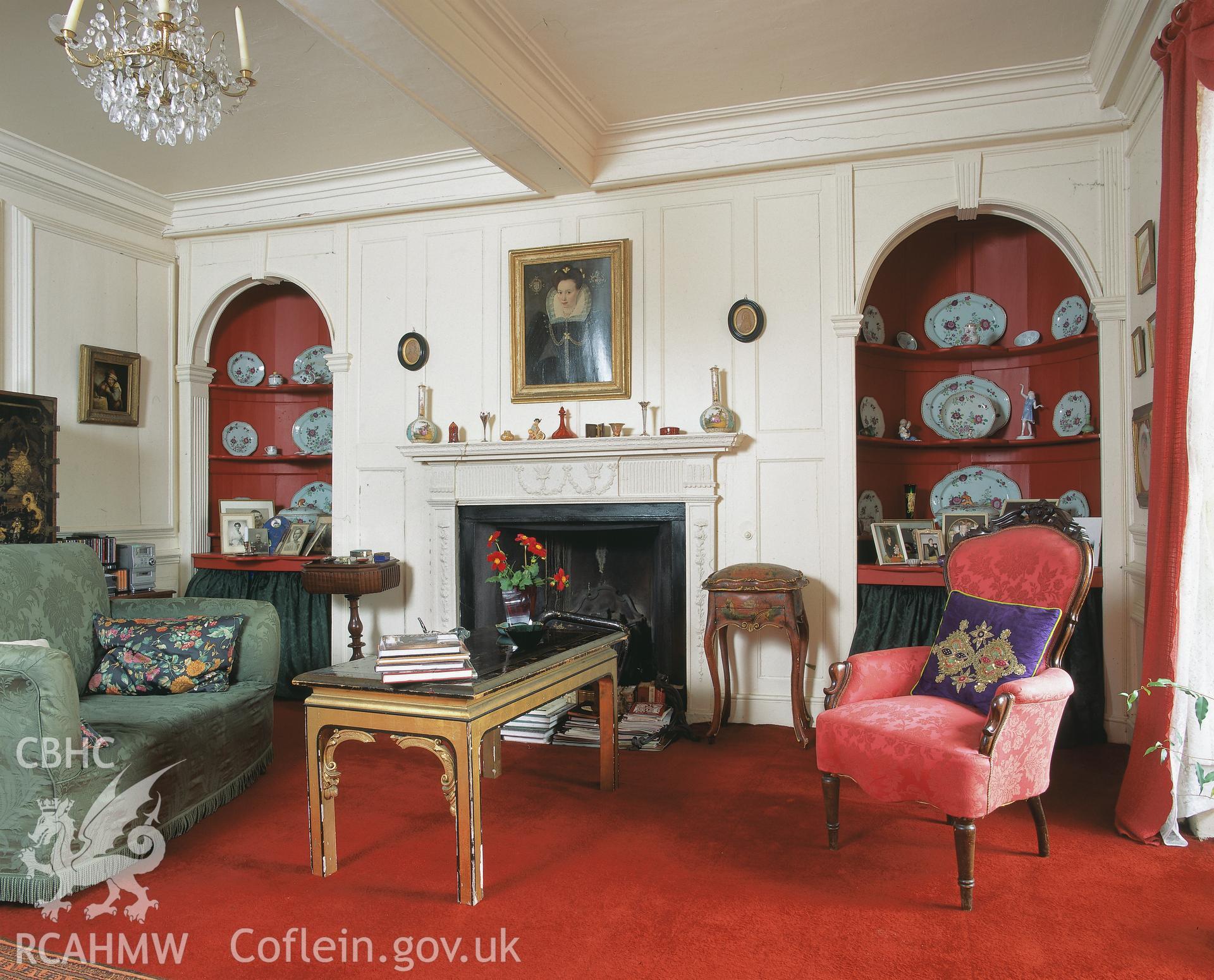 RCAHMW colour transparency showing ground floor, interior view of Bronwydd, Cwmgwili.