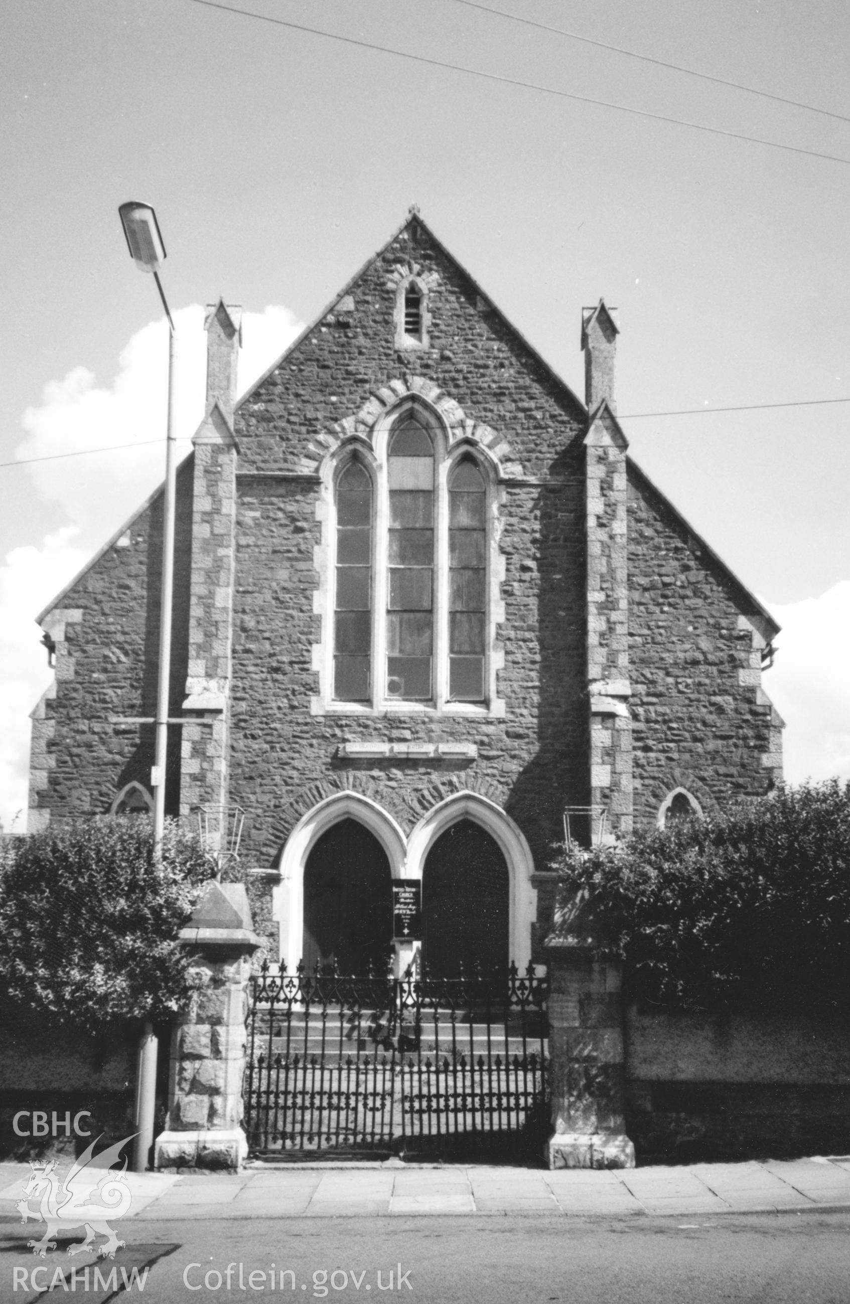Digital copy of a black and white photograph showing an exterior view of Jubilee Congregational Chapel, Neyland,  taken by Robert Scourfield, 1996.
