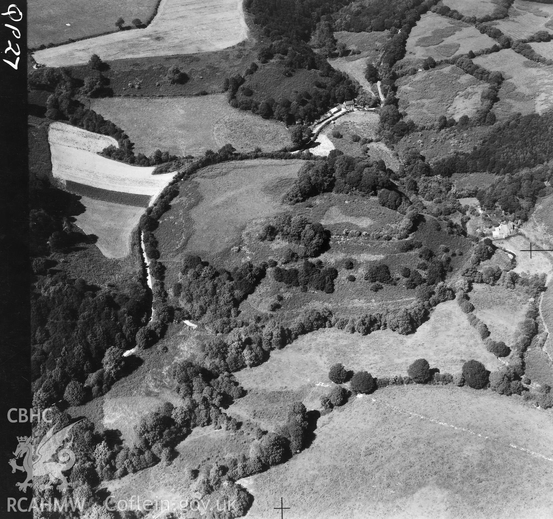 Black and white aerial photograph showing Castell Henllys, taken by Cambridge University Committee for Aerial Photography.