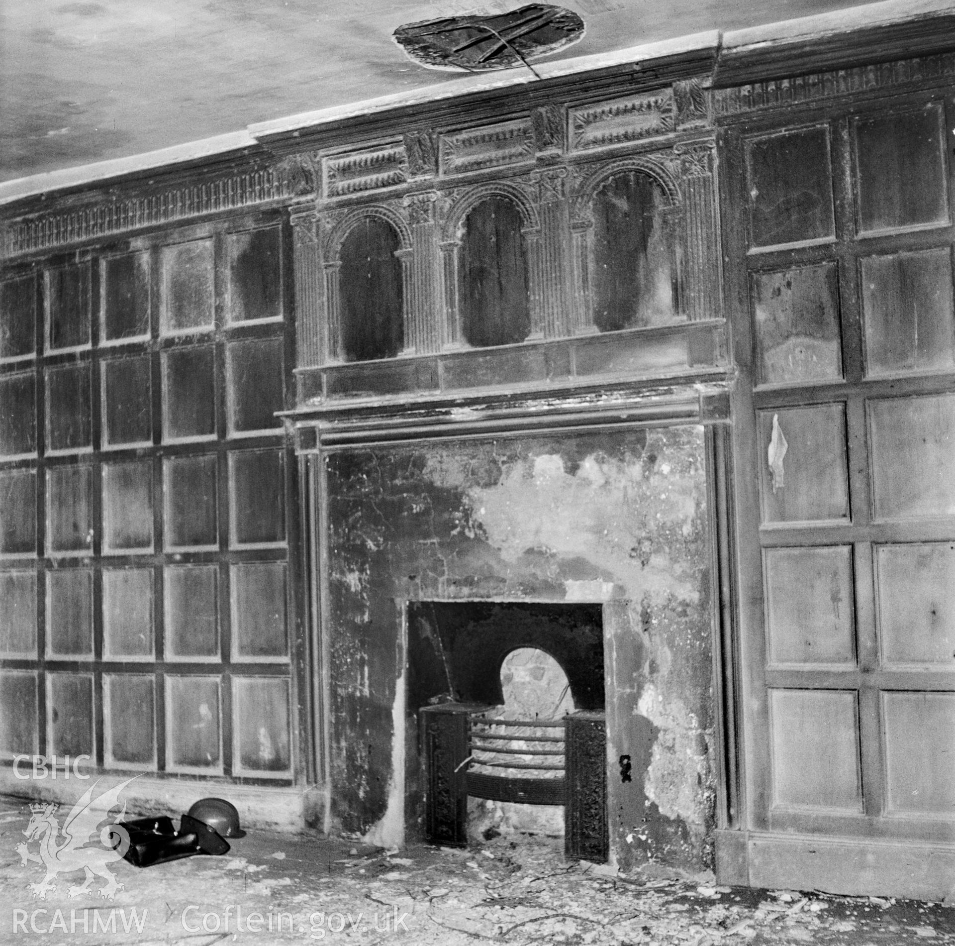 Farmhouse, interior view showing fireplace and sections of panelling
