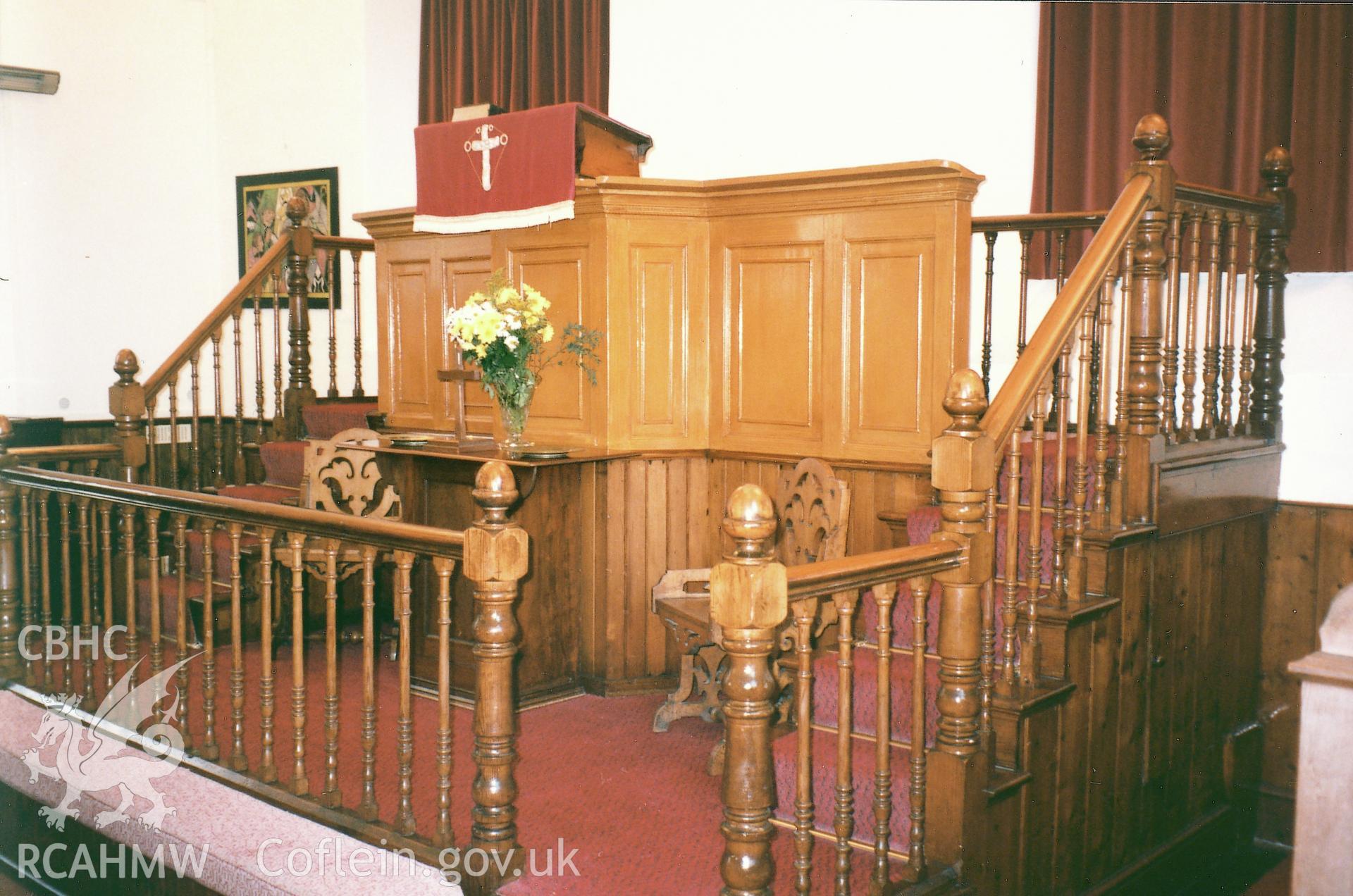 Digital copy of a colour photograph showing an interior view of Hakin Point Wesleyan Chapel, Milford Haven,  taken by Robert Scourfield, 1995.