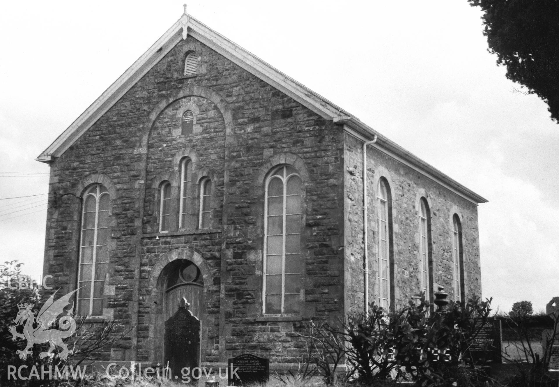 Digital copy of a black and white photograph showing an exterior view of Bryngwenith Independent Chapel, Llandyfriog, taken by Robert Scourfield, 1995.