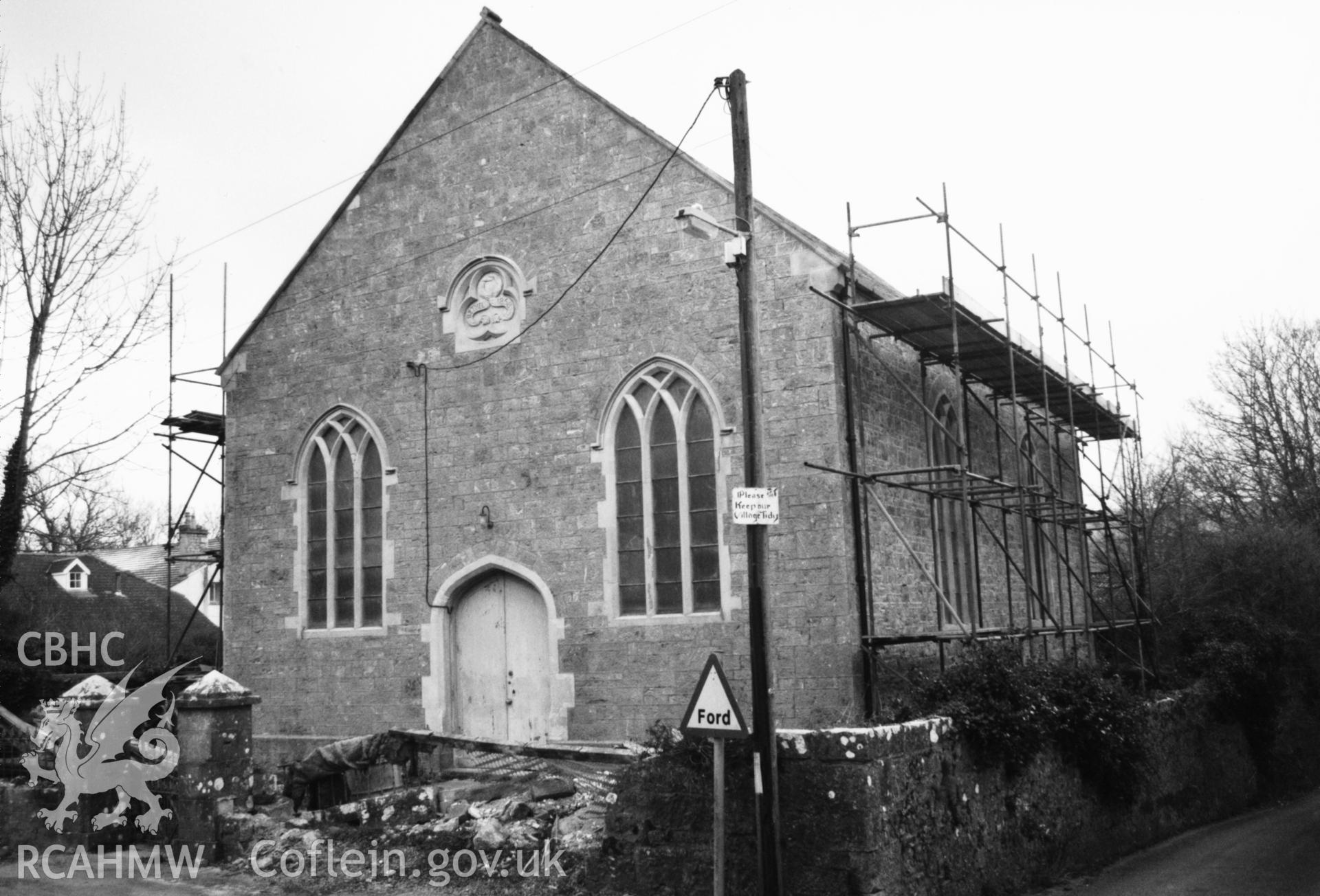 Digital copy of a black and white photograph showing an exterior view  of Bethel Congregational Chapel, St Florence, taken by Robert Scourfield, 1996.