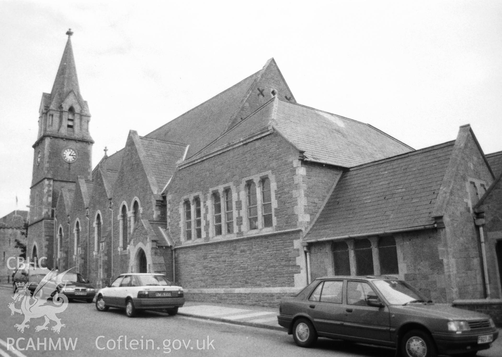 Digital copy of a black and white photograph showing an exterior view of St John's Congregational Chapel, Tenby, taken by Robert Scourfield, 1995.