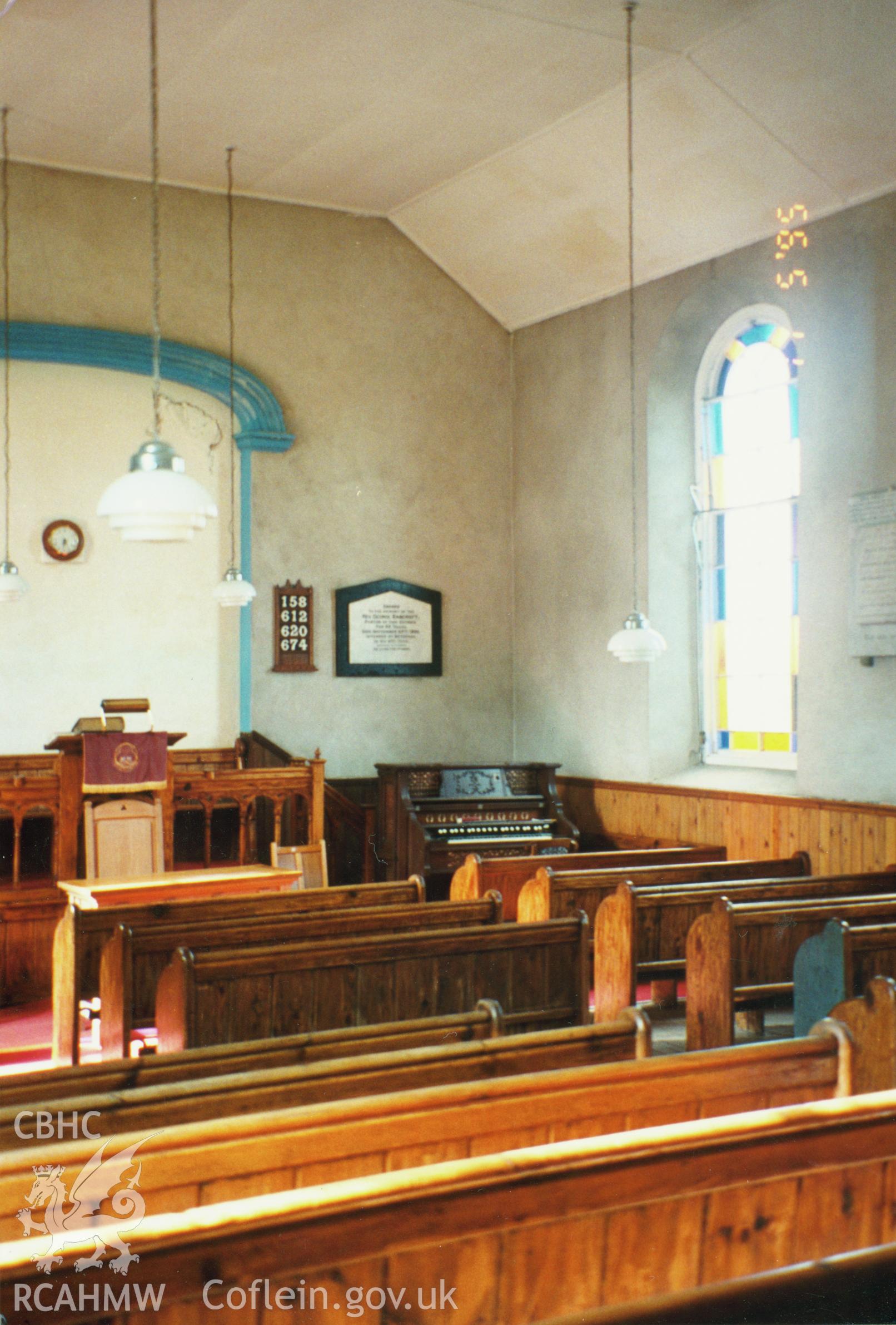 Digital copy of a colour photograph showing interior view of Zion Calvinistic Methodist Chapel, Begelly, taken by Robert Scourfield, 1996.