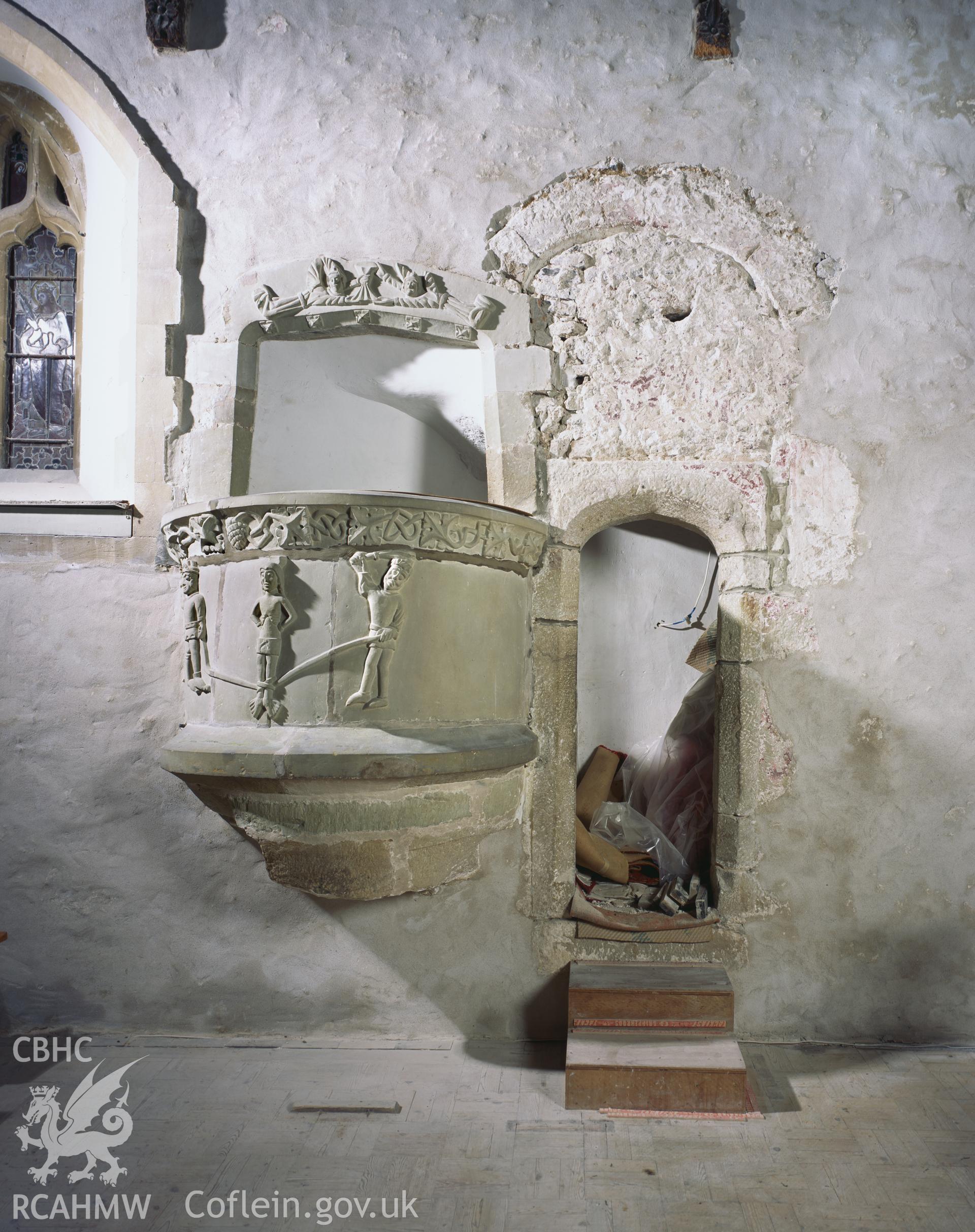 Colour transparency showing a view of the pulpit at St John the Baptist Church, Newton Nottage, produced by Iain Wright 2004