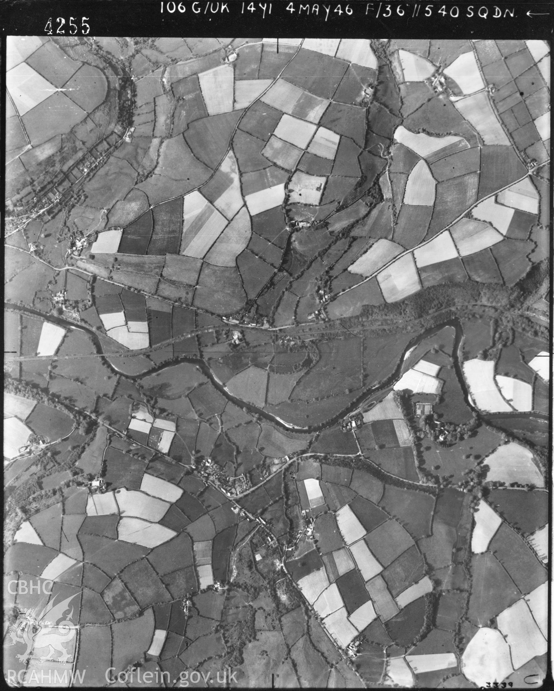 Black and white vertical aerial photograph taken by the RAF on 04/05/1946 centred on SN34054093 at a scale of 1:10000. The photograph includes part of Llandyfriog community in Ceredigion.