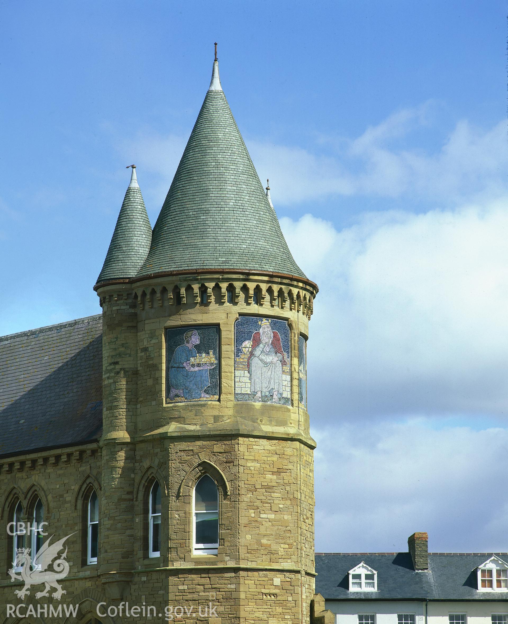 RCAHMW colour transparency showing detail of the north-west tower of Old College, Aberystwyth.