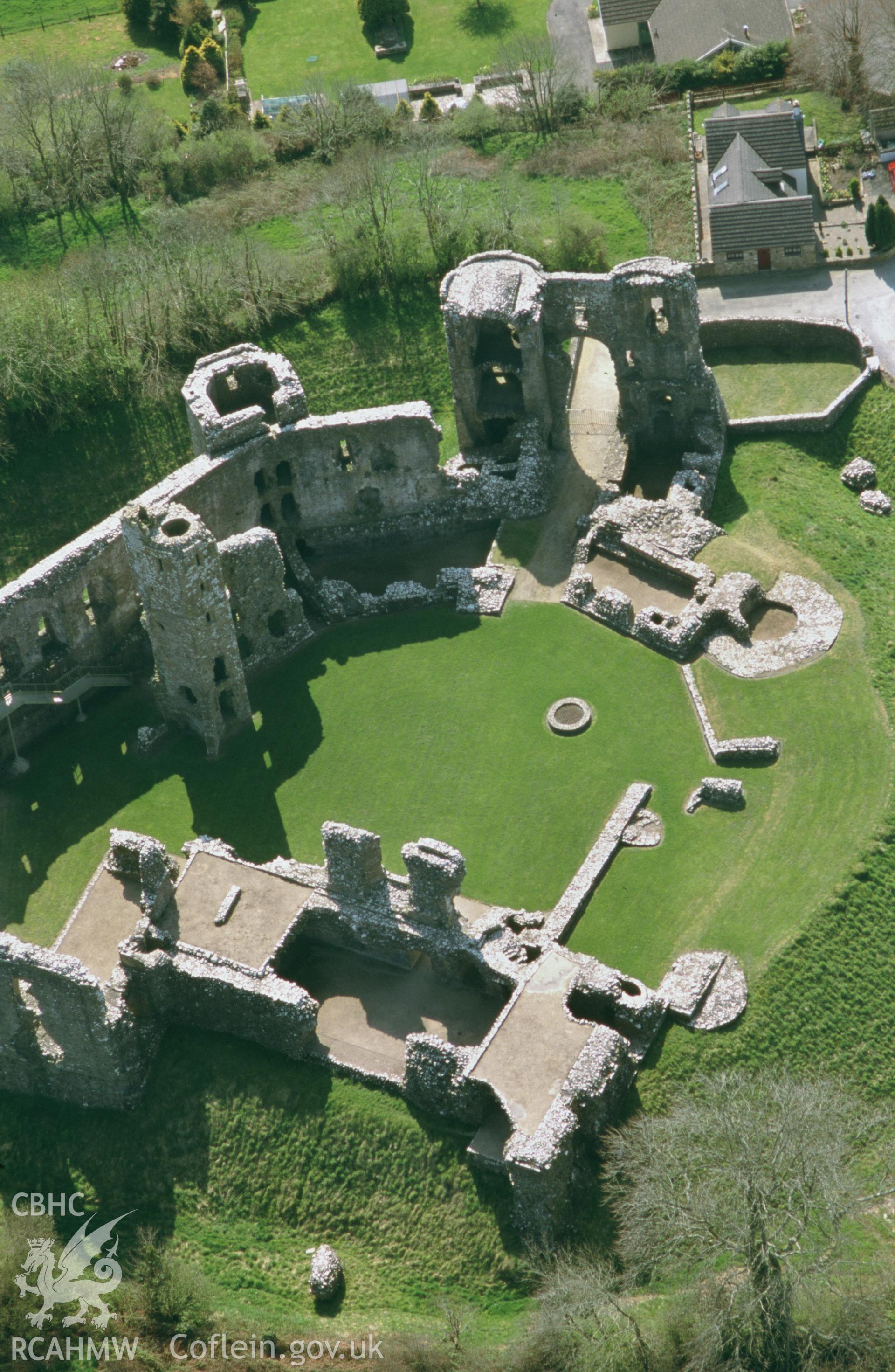 RCAHMW colour oblique aerial photograph of Llawhaden Castle, low level view. Taken by Toby Driver on 10/04/2003