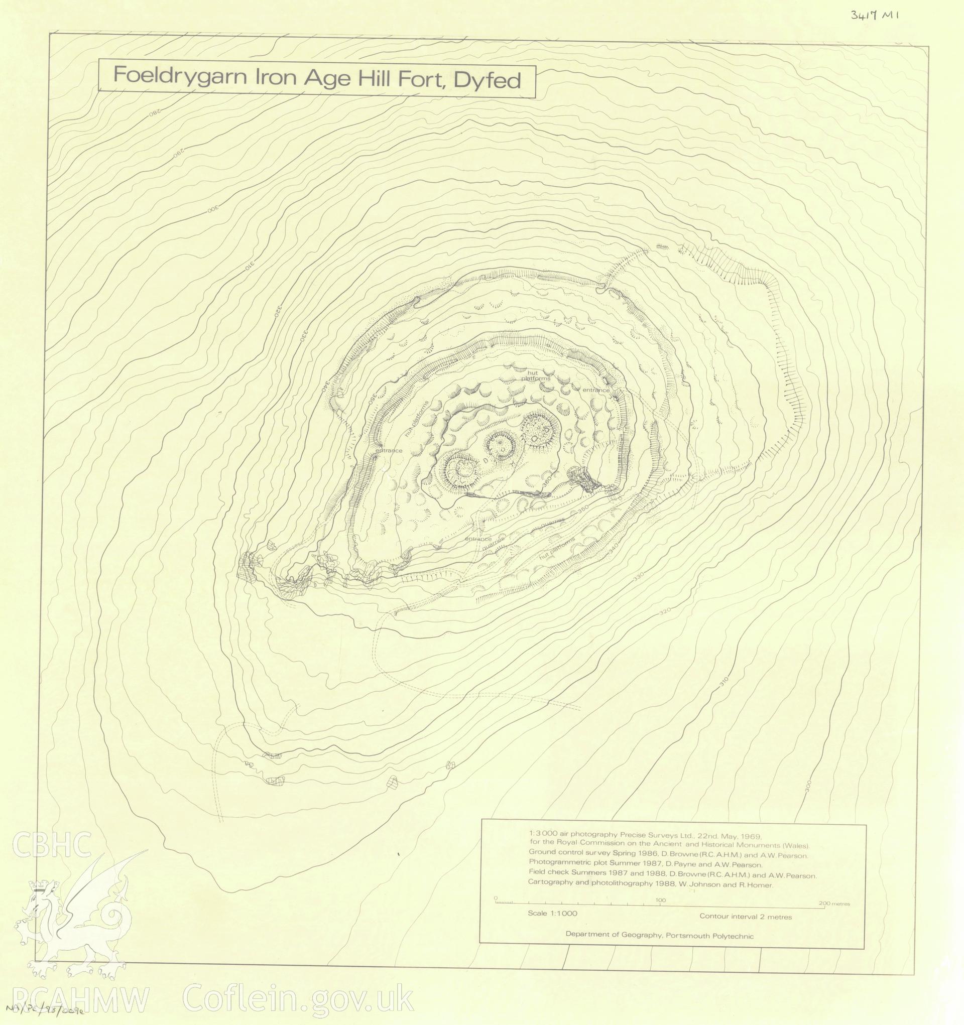 Copy of a measured plan of Foel Drygarn Hillfort made by the Geography Department of Portsmouth Polytechnic, from original aerial surveys by RCAHMW, scale 1:1000.