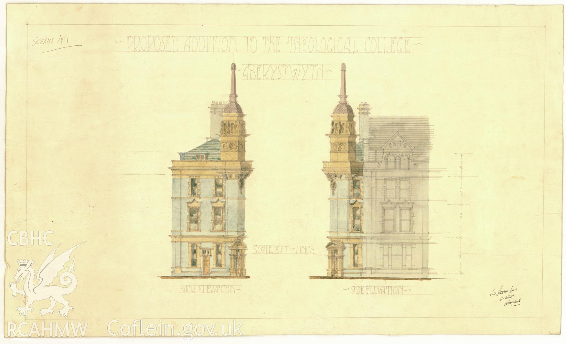 Coloured pencil drawing showing rear, back and side elevations of the proposed addition to the Theology College/ Cambrian Hotel, Aberystwyth  (formerly the Hotel Cambria), c.1906.