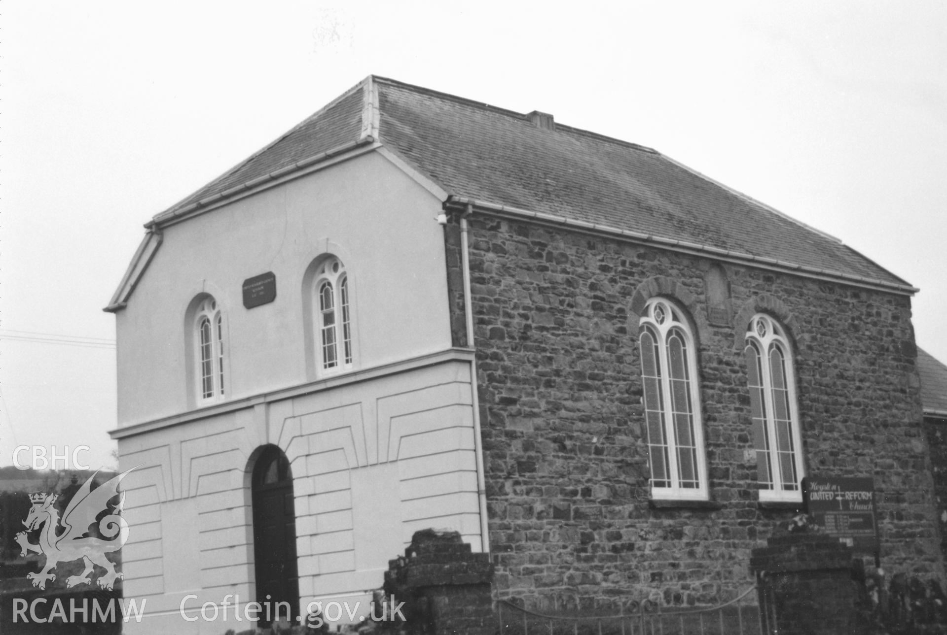Digital copy of a black and white photograph showing exterior view of Keystone Independent Chapel, Camrose, taken by Robert Scourfield, 1996.
