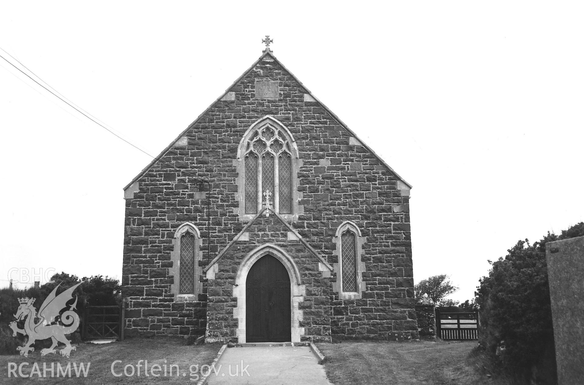 Digital copy of a black and white photograph showing a general view of Berea Congregational Chapel. St David's, taken by Robert Scourfield, 1995.