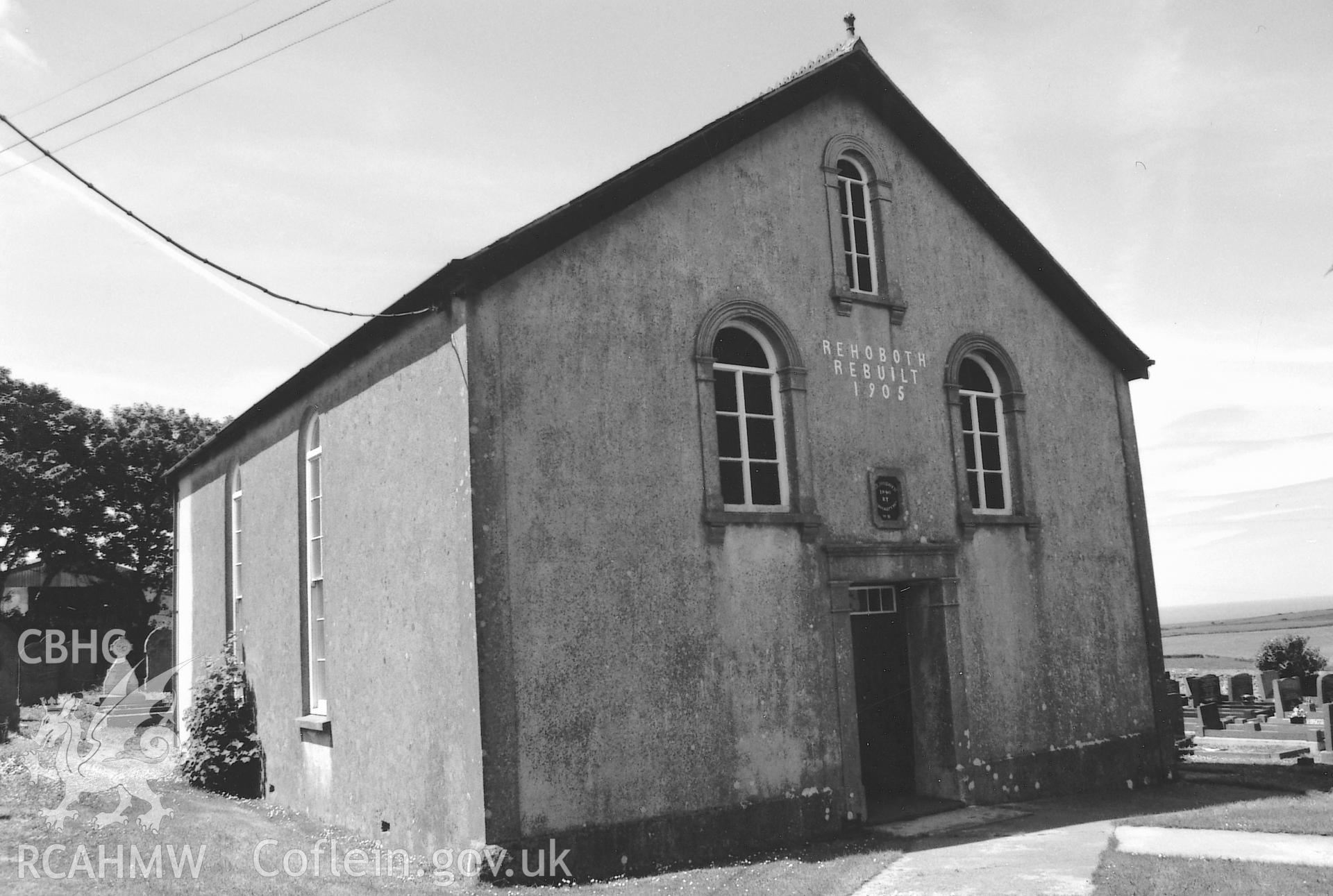 Digital copy of a black and white photograph showing an exterior view of Nebo Baptist Chapel, Mathry,  taken by Robert Scourfield, 1995.
