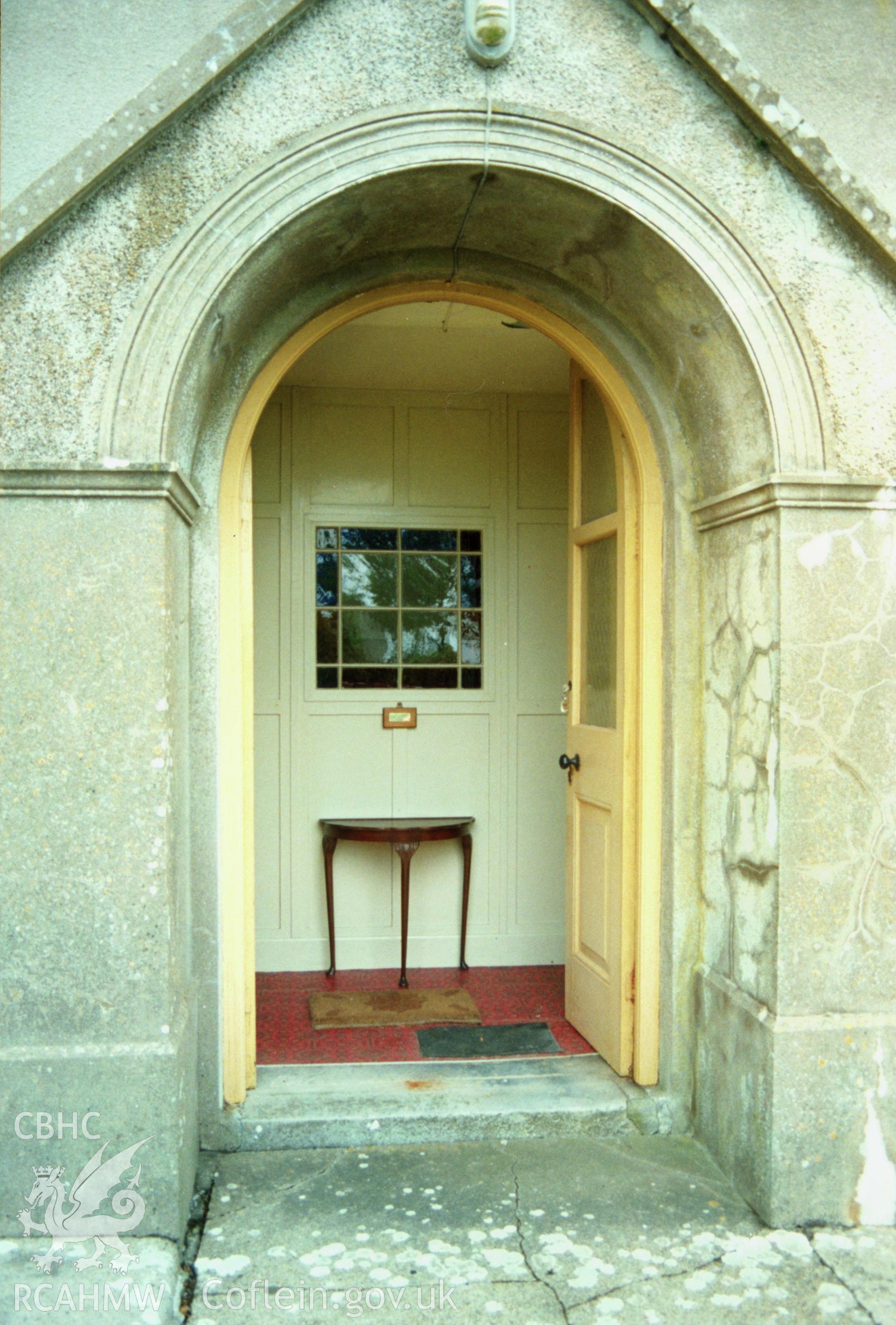Digital copy of a colour photograph showing the entrance to Zoar Independent Chapel, Carew Newton, taken by Robert Scourfield, 1996.